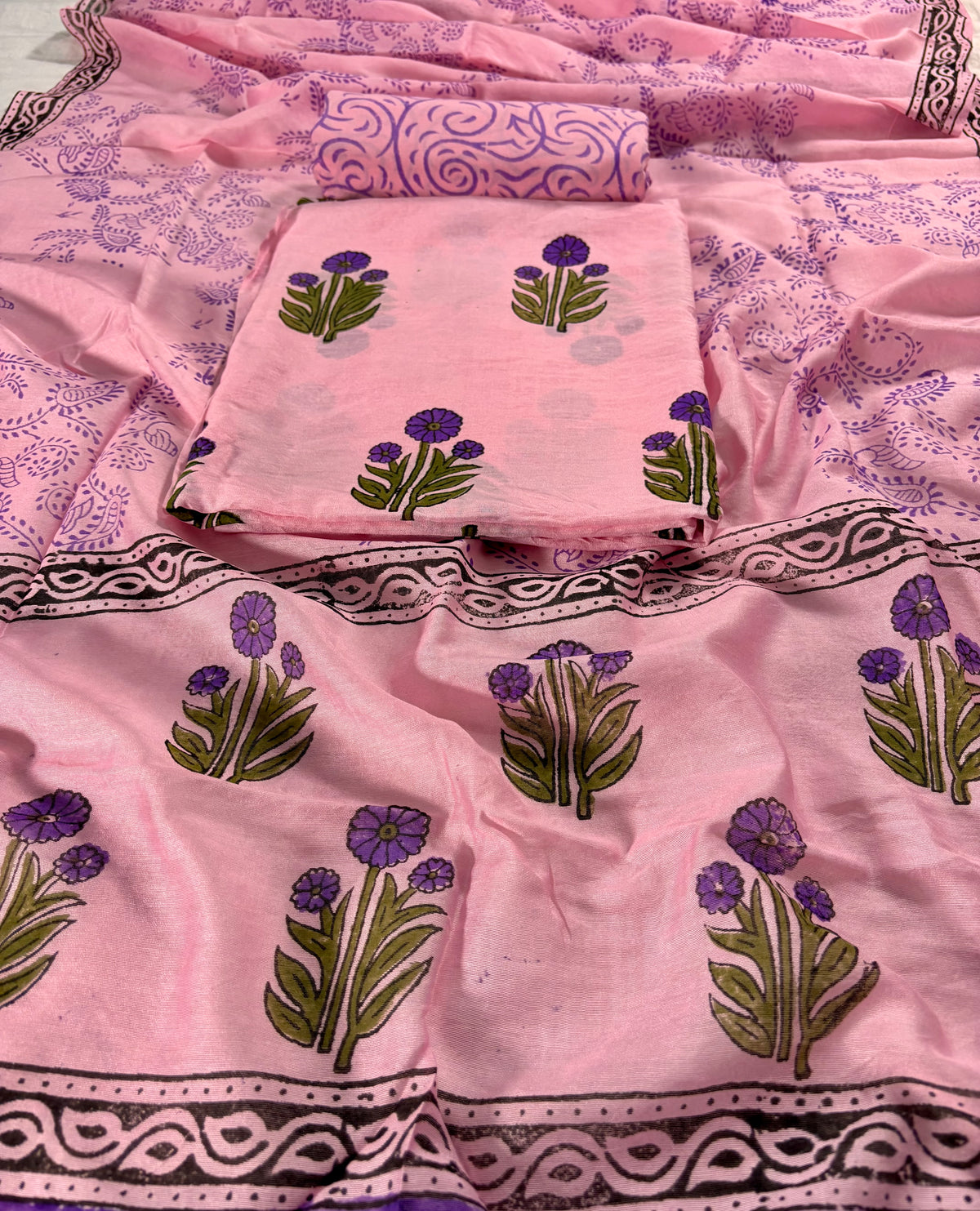 Chanderi silk Handblock baby pink suit with Mughal boota