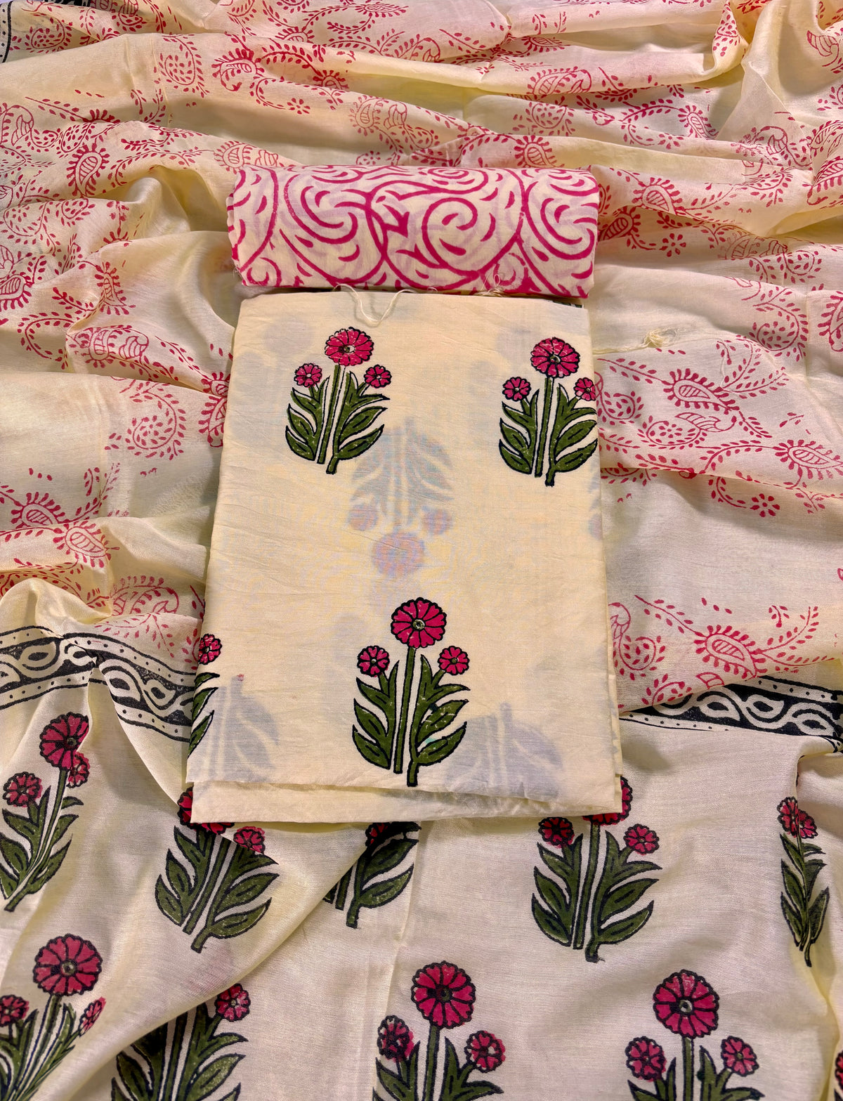 Handblock Chanderi silk light yellow floral boota suit