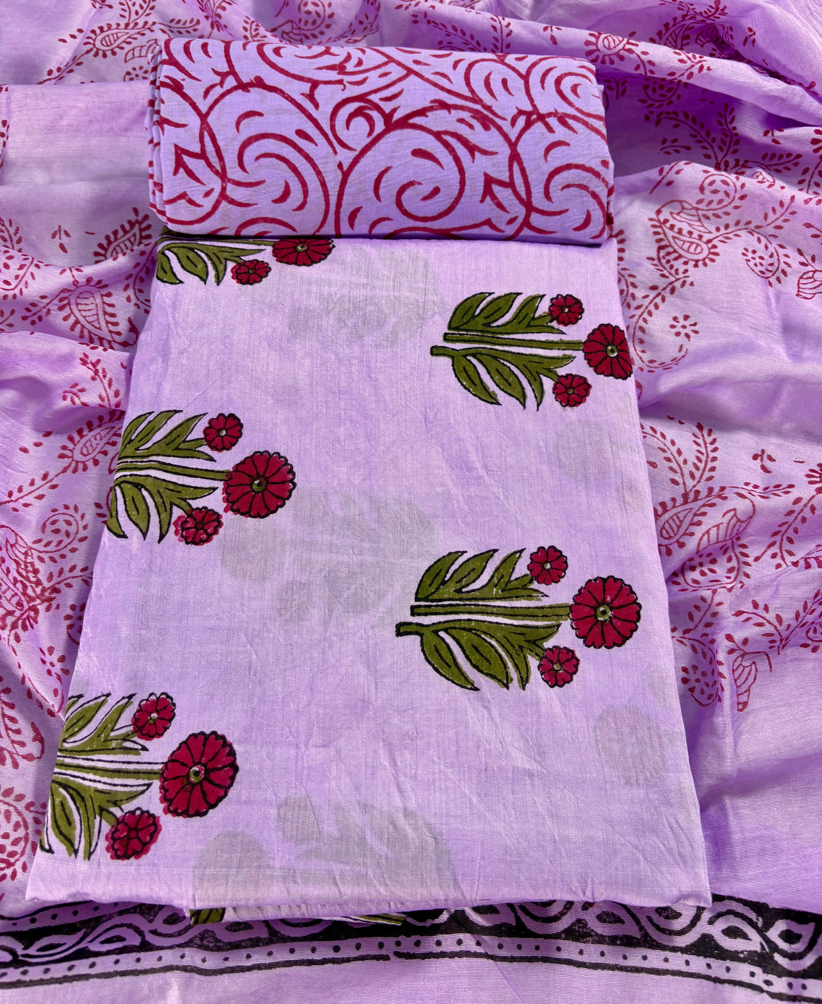 Handblock chanderi silk lilac suit with Mughal boota