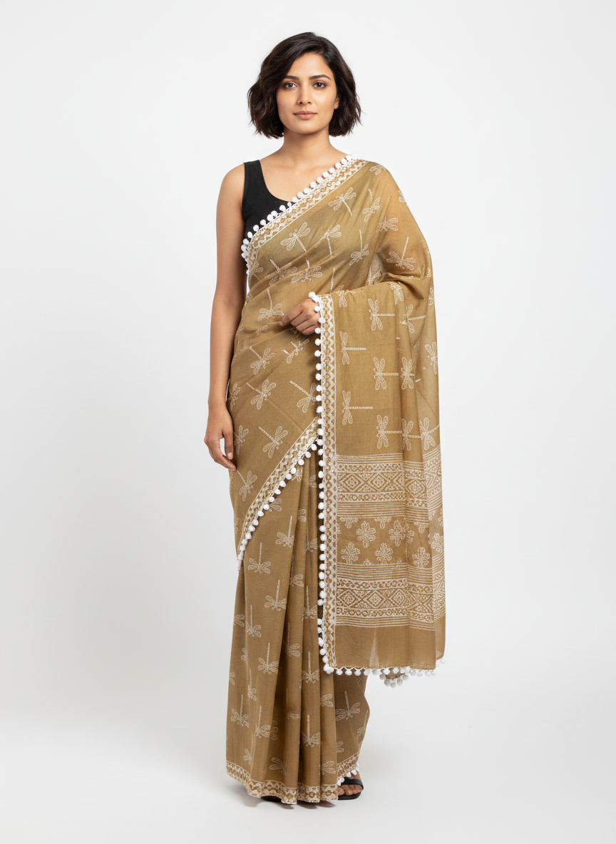 Olive Green Pure Mul Cotton Saree with Dragonfly Print & Pompom Border