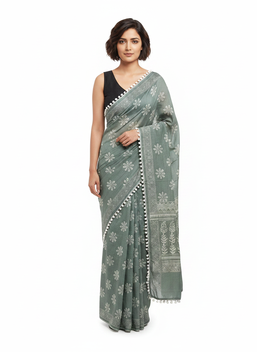 Grey-Green Pure Mul Cotton Saree with Floral Print & Pompom Border