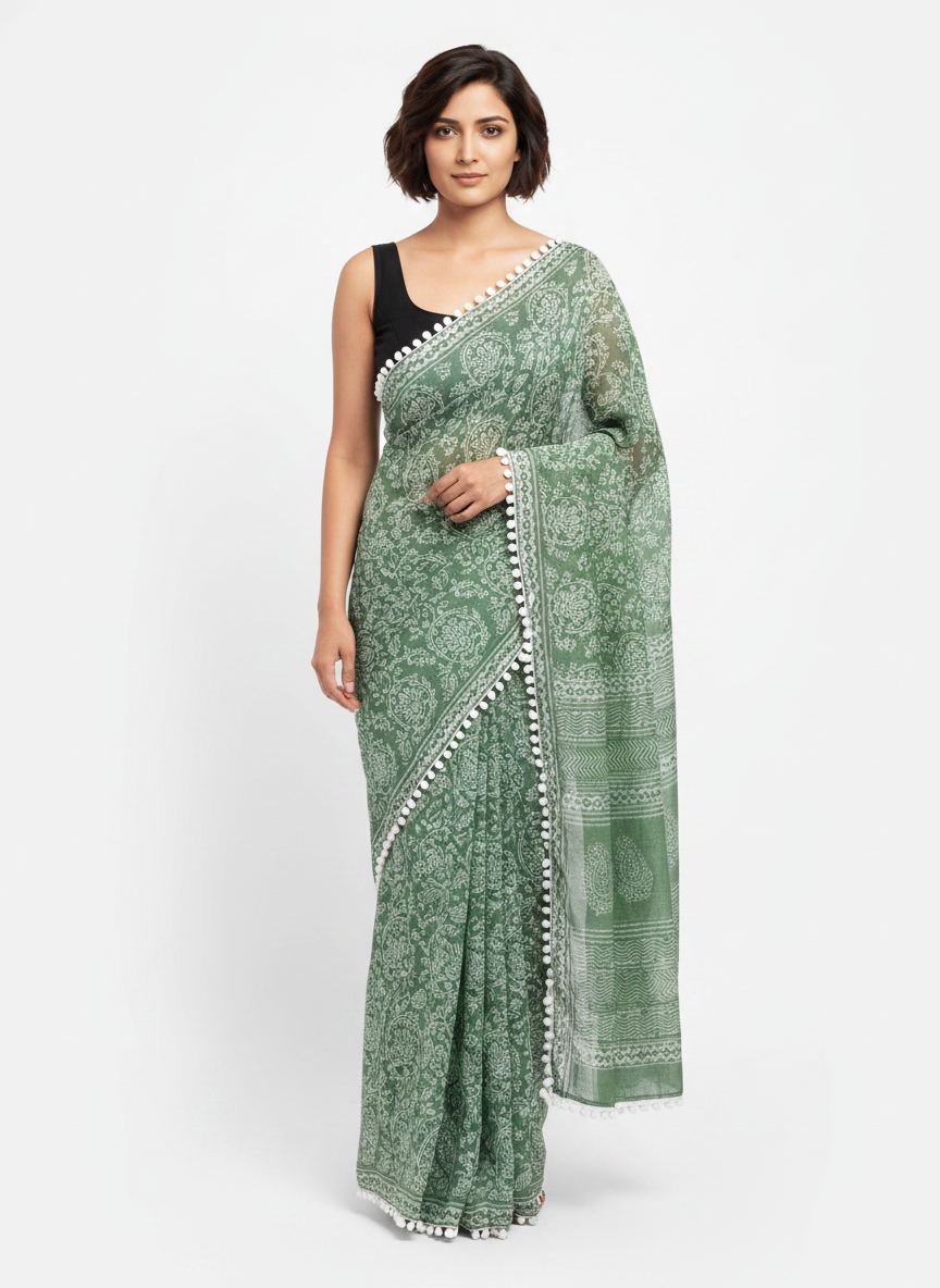 Sage Green Pure Mul Cotton Saree with Floral Print & Pompom Border