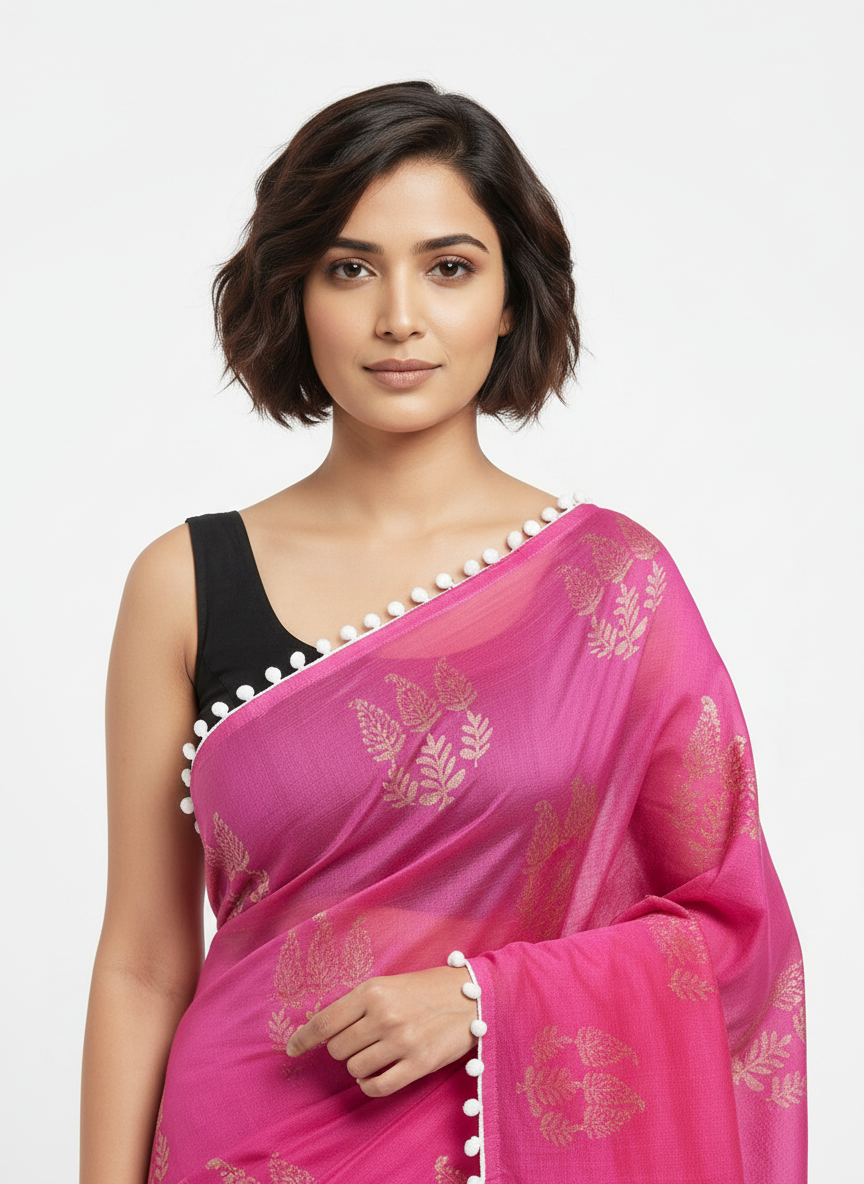 Pink Pure Mul Cotton Saree with Golden Motif Print & Pompom Border