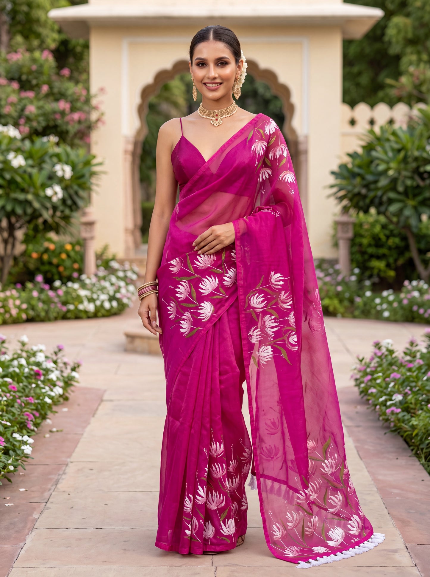 Magenta Pink Hand-Painted Organza Saree with Lotus Floral Motifs