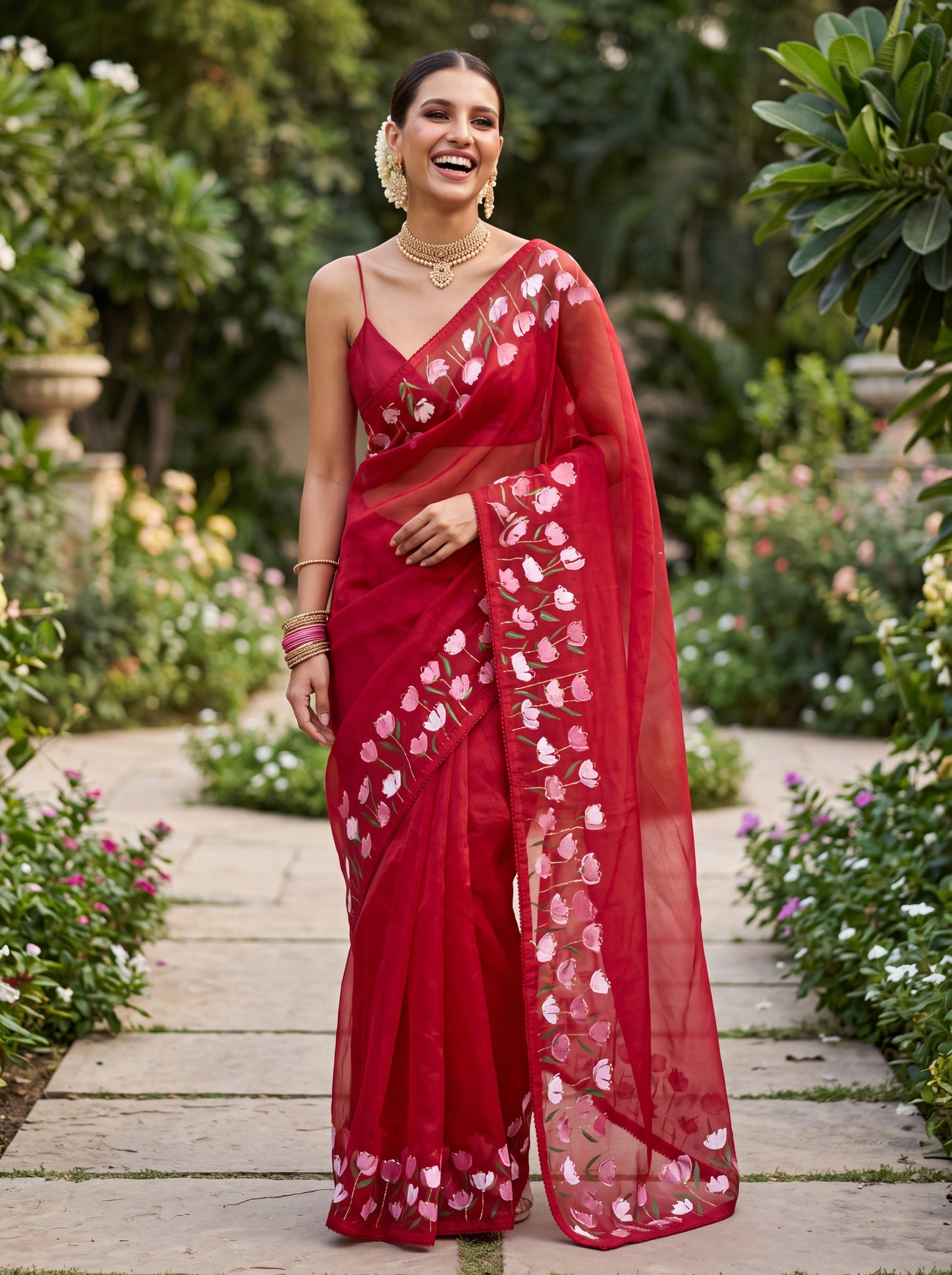 Red Hand-Painted Organza Saree with Pink Rose Border