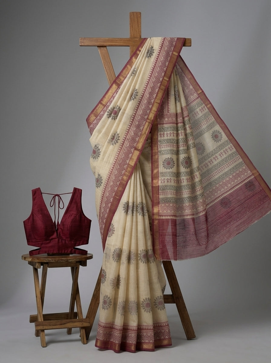 Off-White Kota Doria Hand Block Printed Saree with Warli Motif & Maroon Border