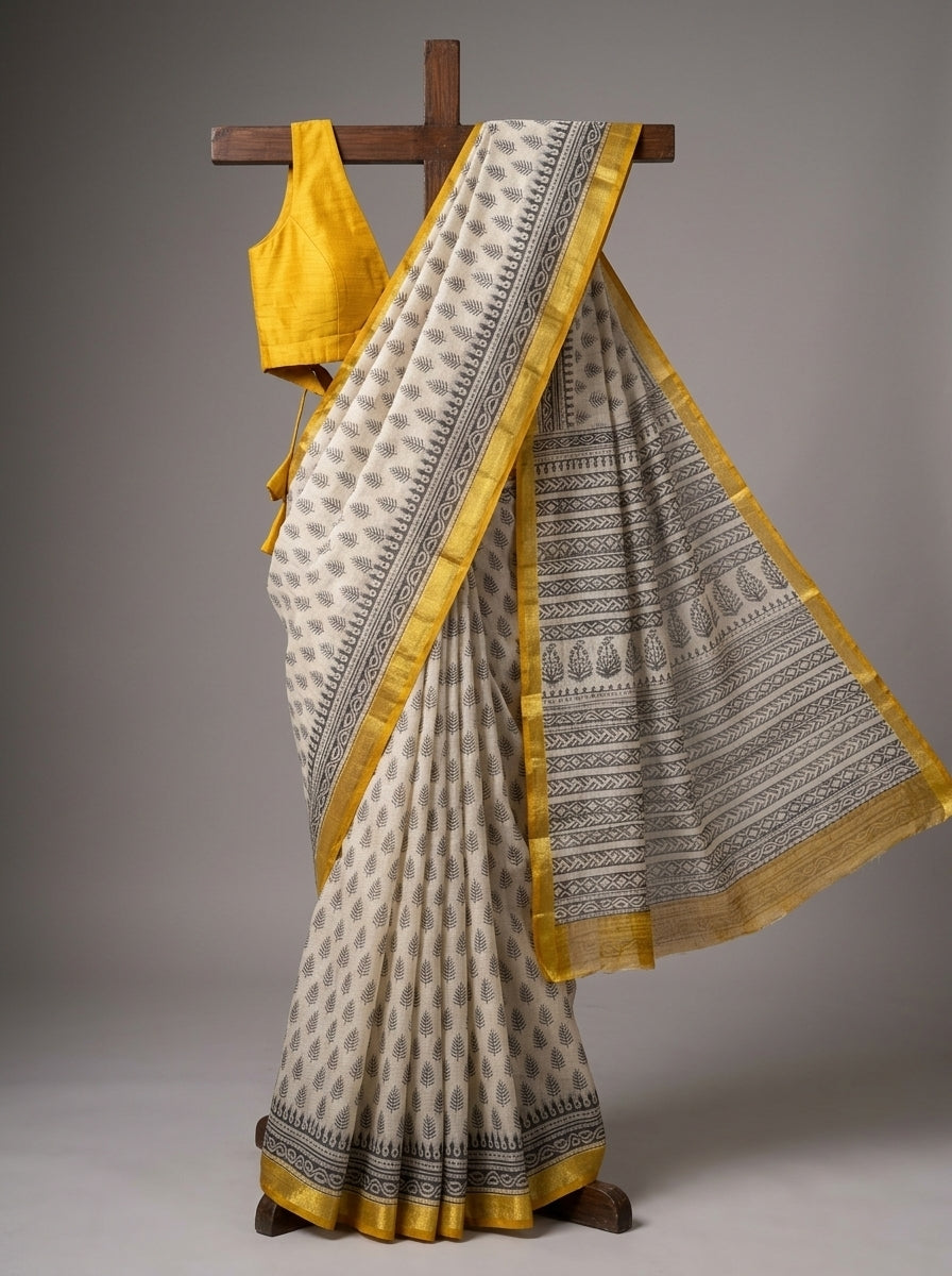 Off-White Kota Doria Hand Block Printed Saree with Yellow Zari Border