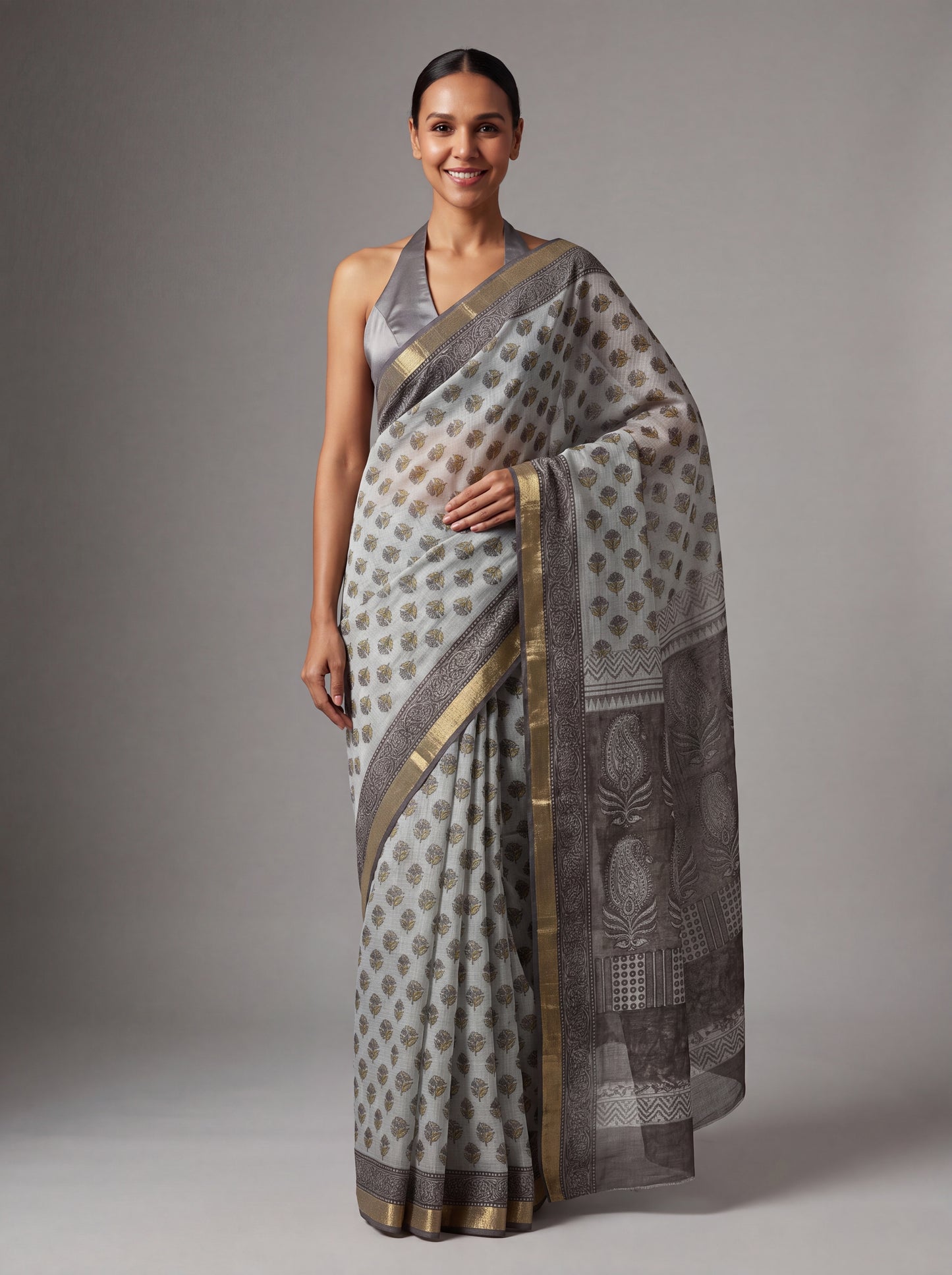 Grey Kota Doria Hand Block Printed Saree with Zari Border