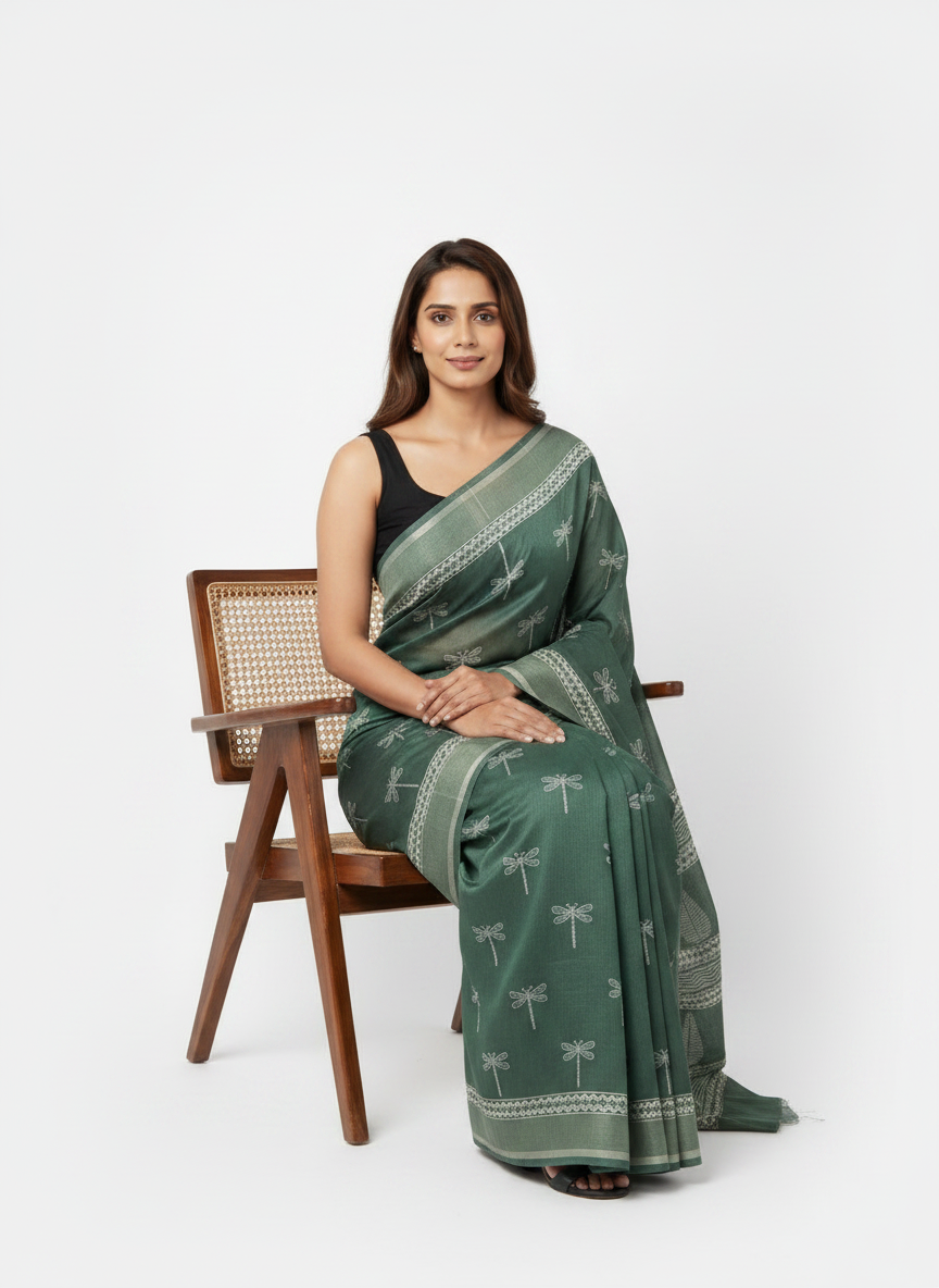 Dark Green Hand Block Printed Mul Cotton Saree with Dragonfly Motif