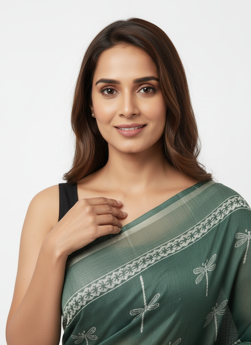 Dark Green Hand Block Printed Mul Cotton Saree with Dragonfly Motif
