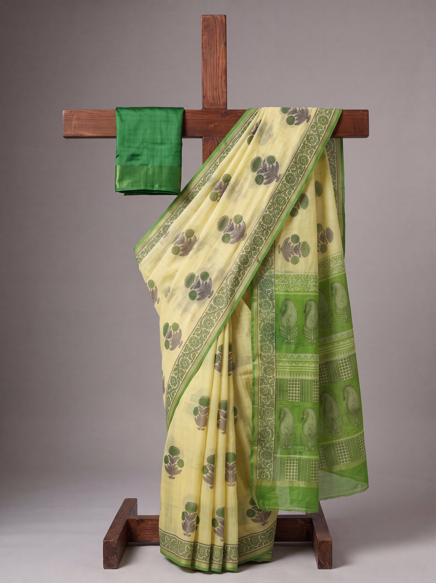 Pale Yellow Kota Doria Hand Block Printed Saree with Green Peacock Border
