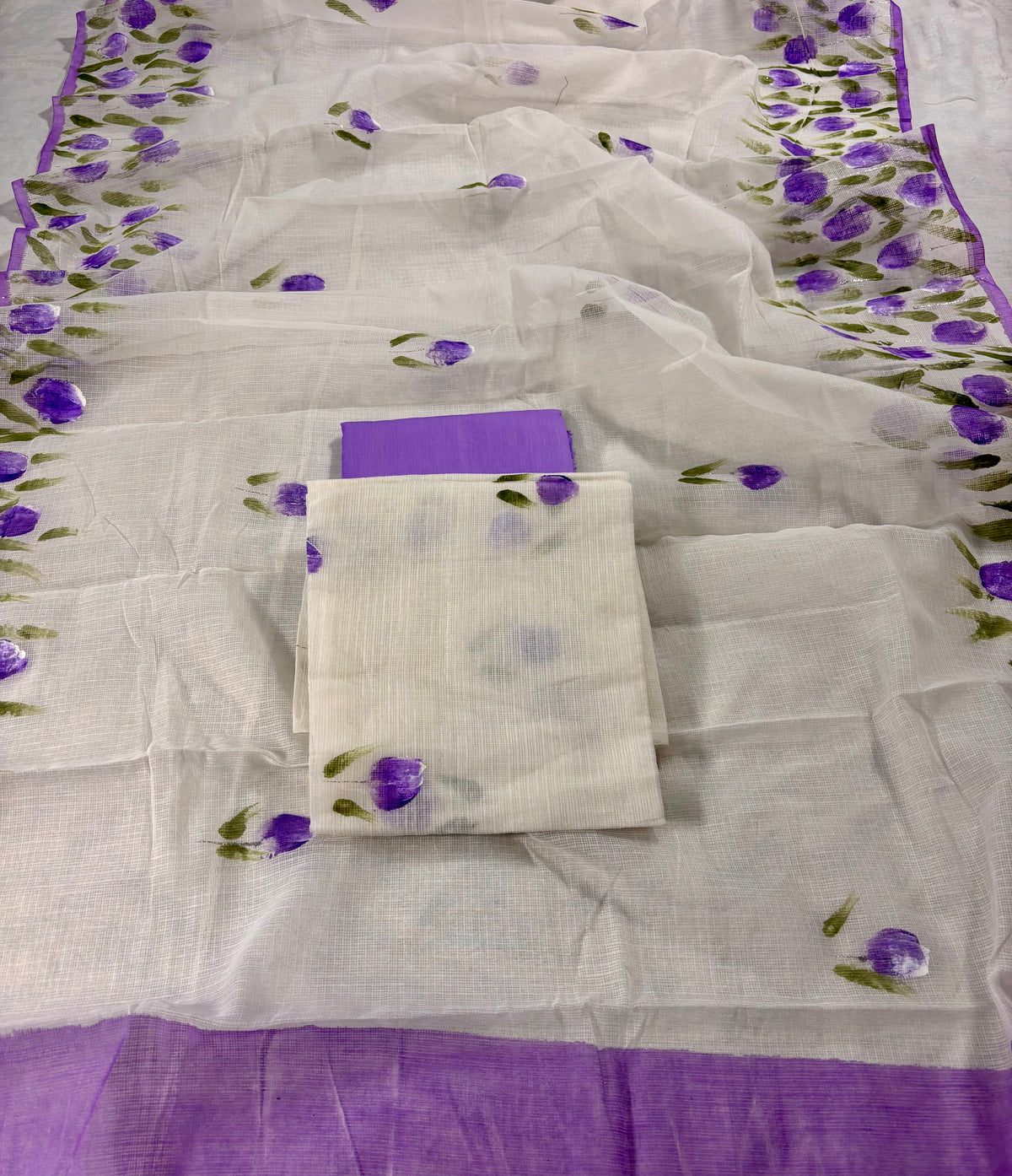 Hand painted violet tulip Kota doria suit