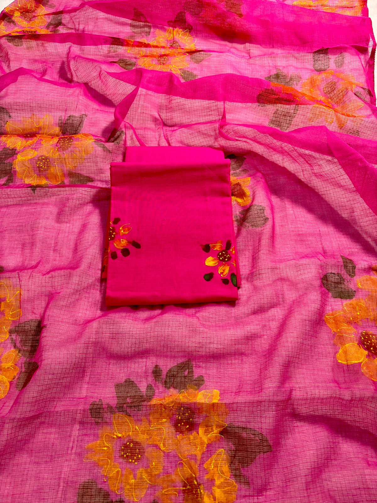 Handpainted sunflower hot pink Kota doria suit