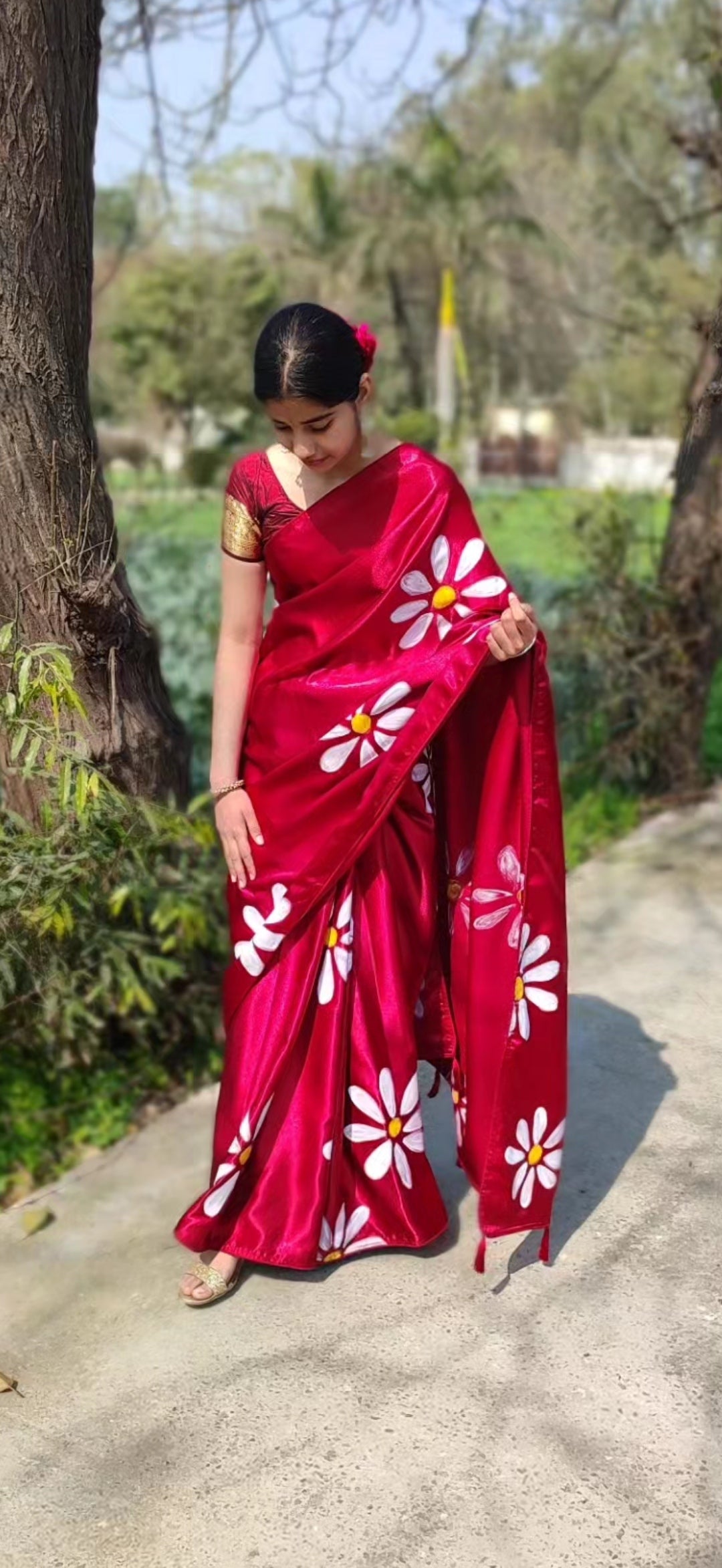 Mehroon Hand-painted silk saree with tassels