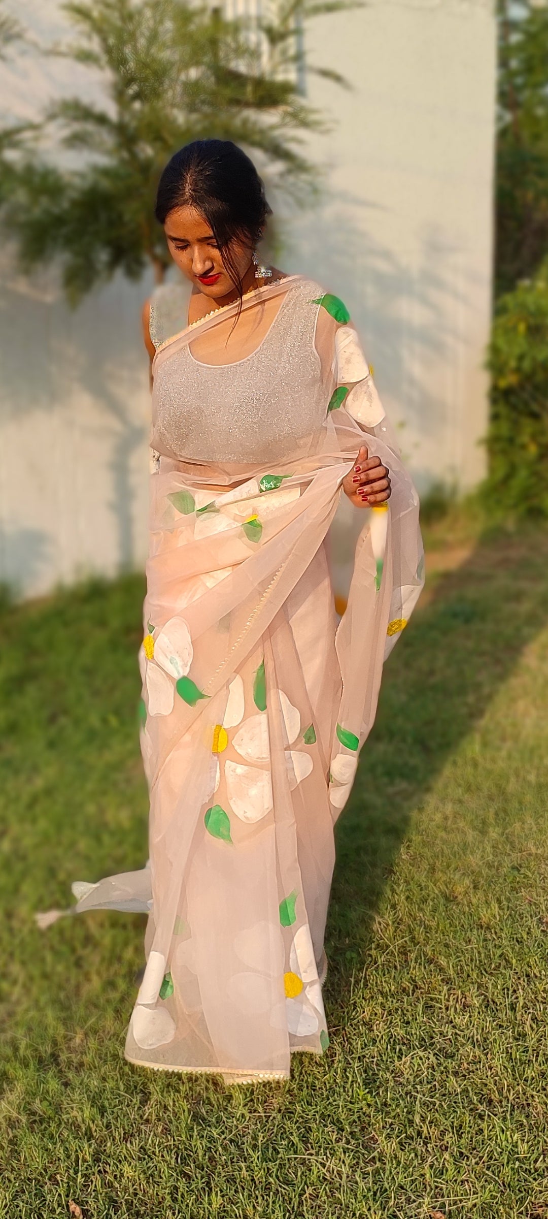 Handpainted sandlewood beige colour organza sareewith tassels