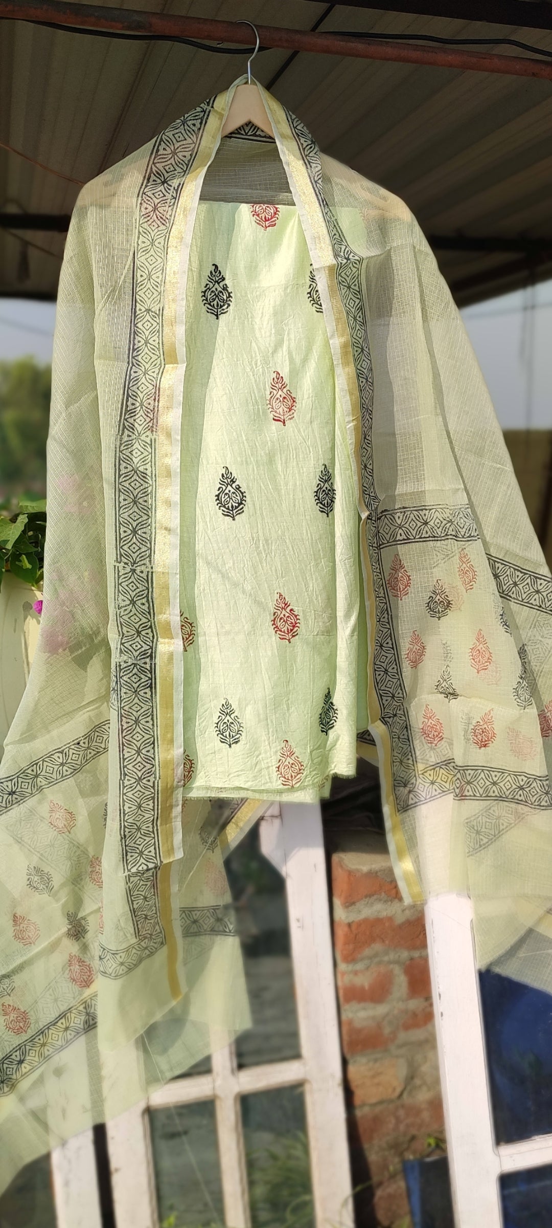 Handblock pista chanderi silk suit