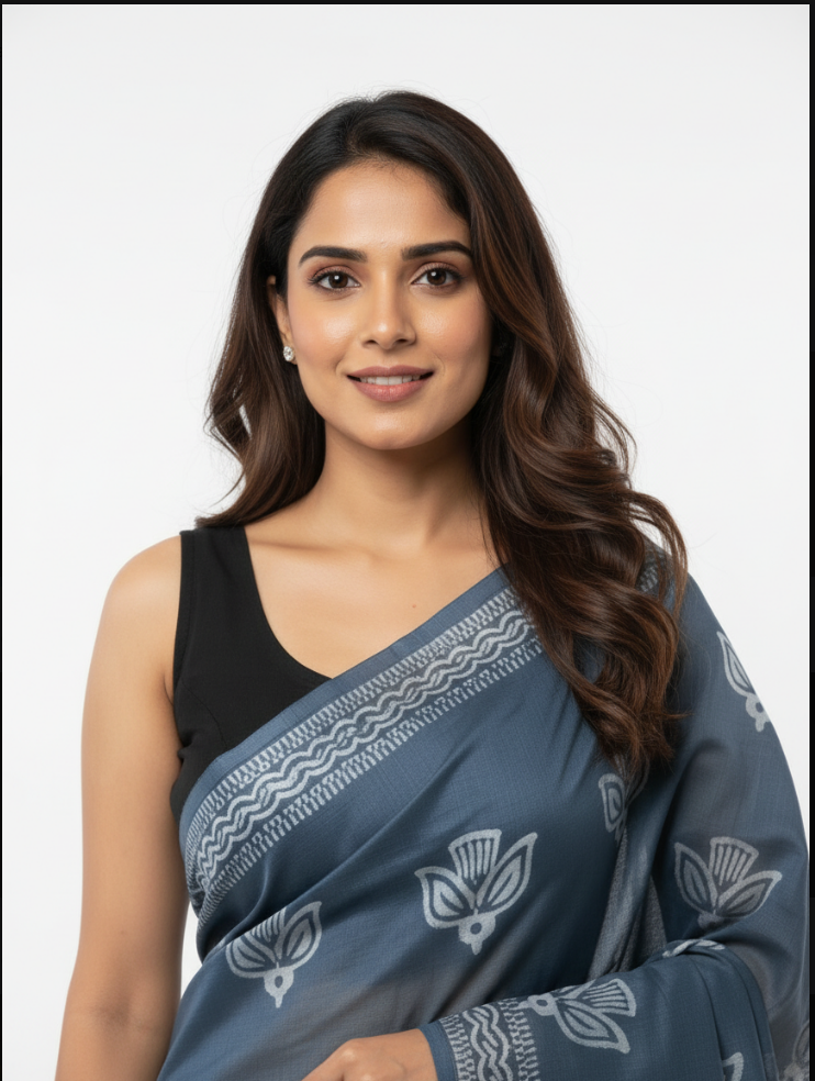Steel Blue Hand Block Printed Mul Cotton Saree with Lotus Motif