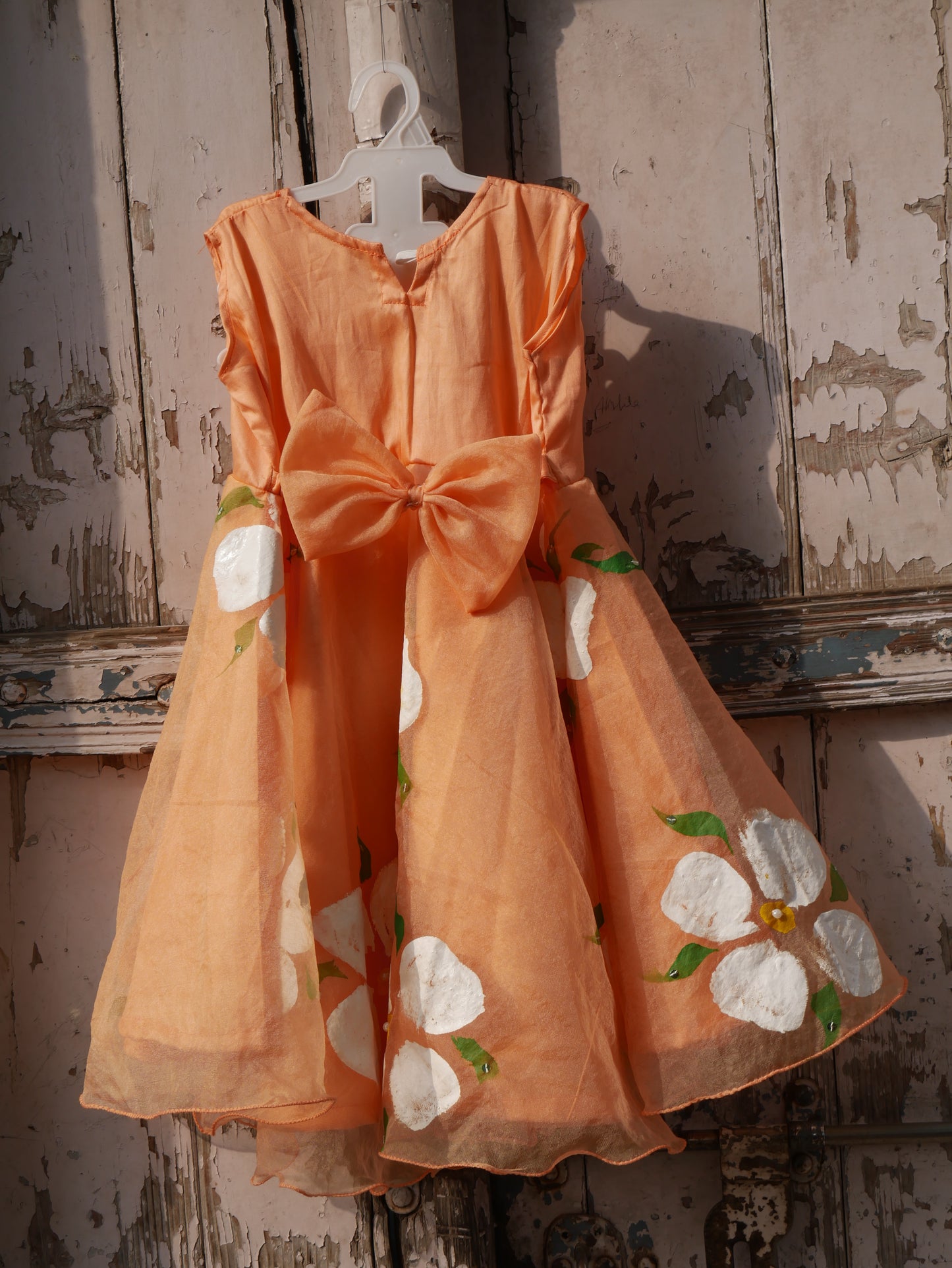 Peach handpainted organza toddler frock