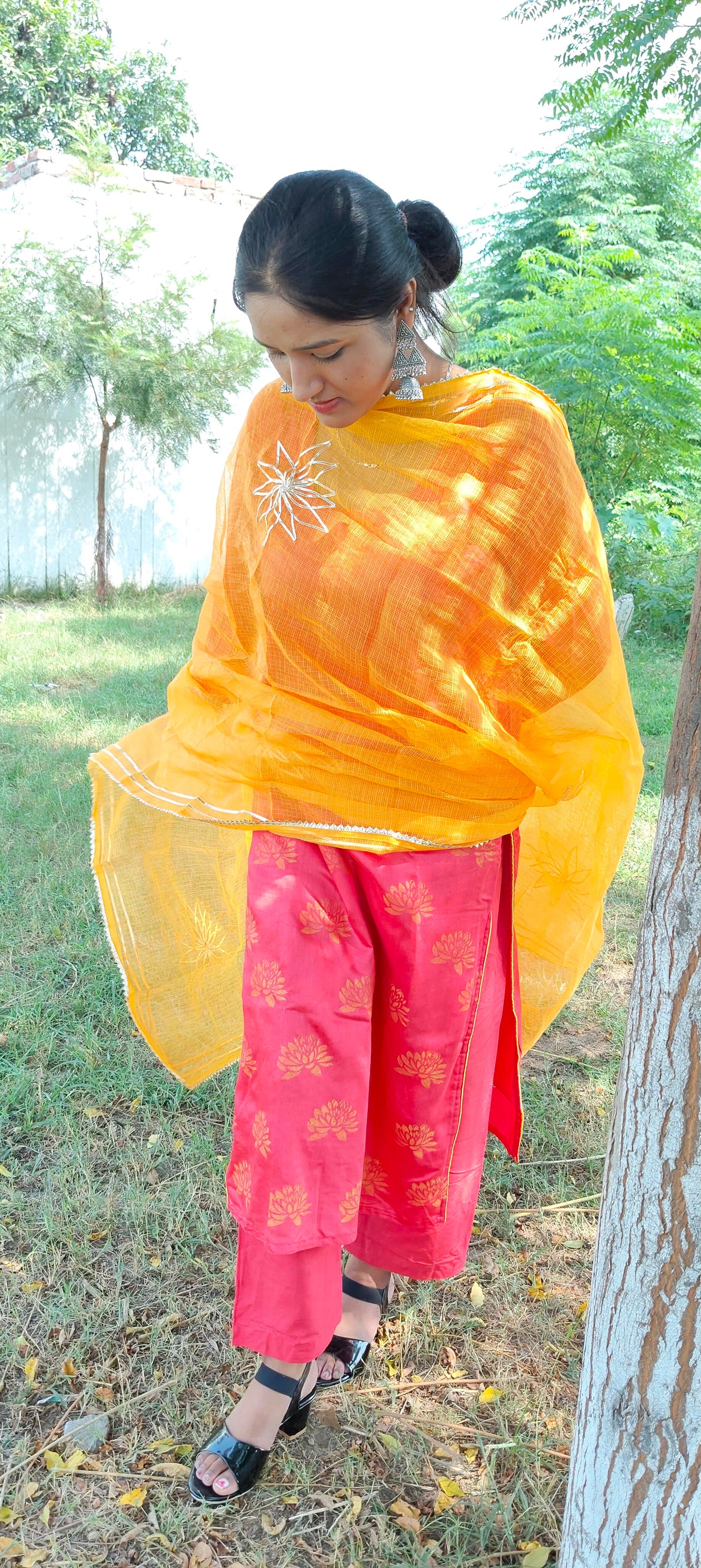 Handblock pink chanderi silk suit