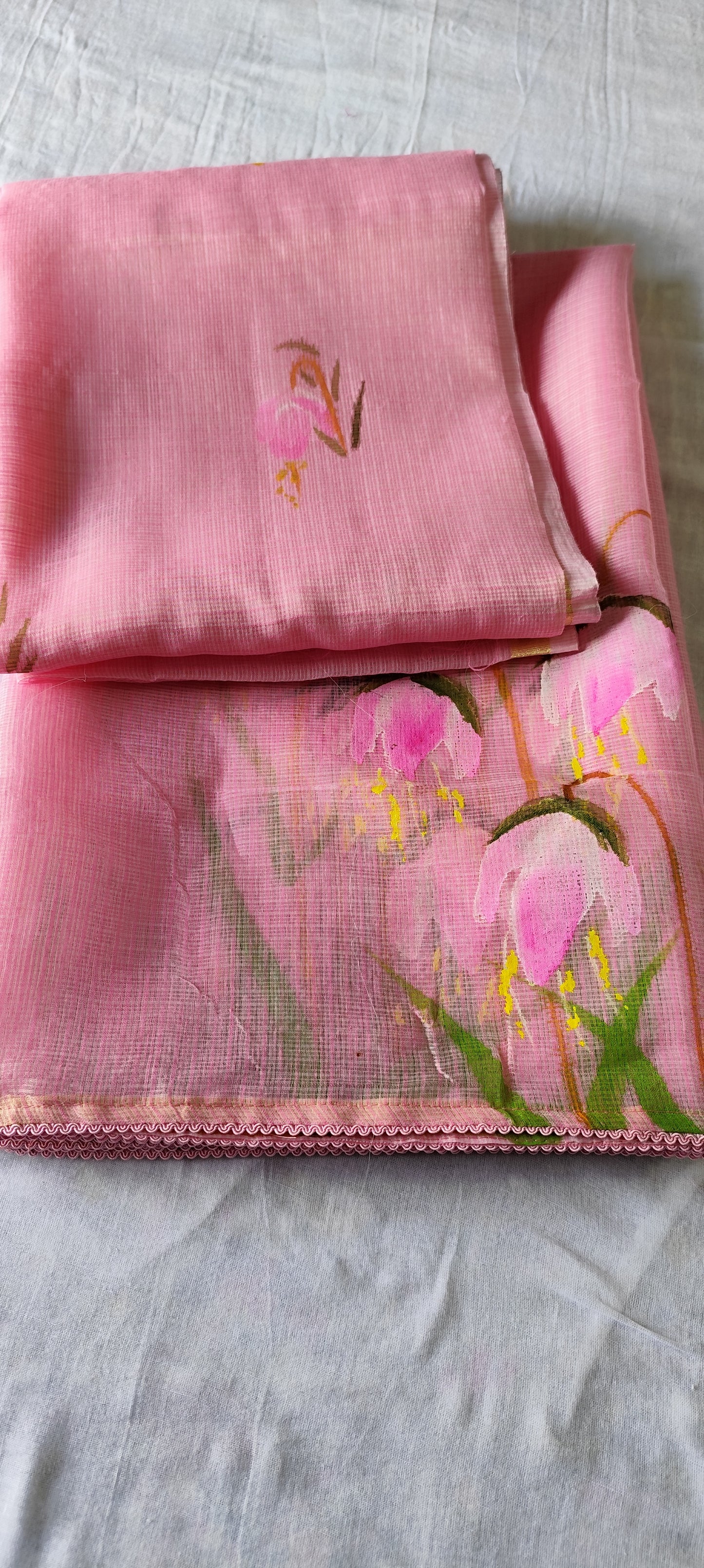 Hand painted pink blossoms flower on kota doria.