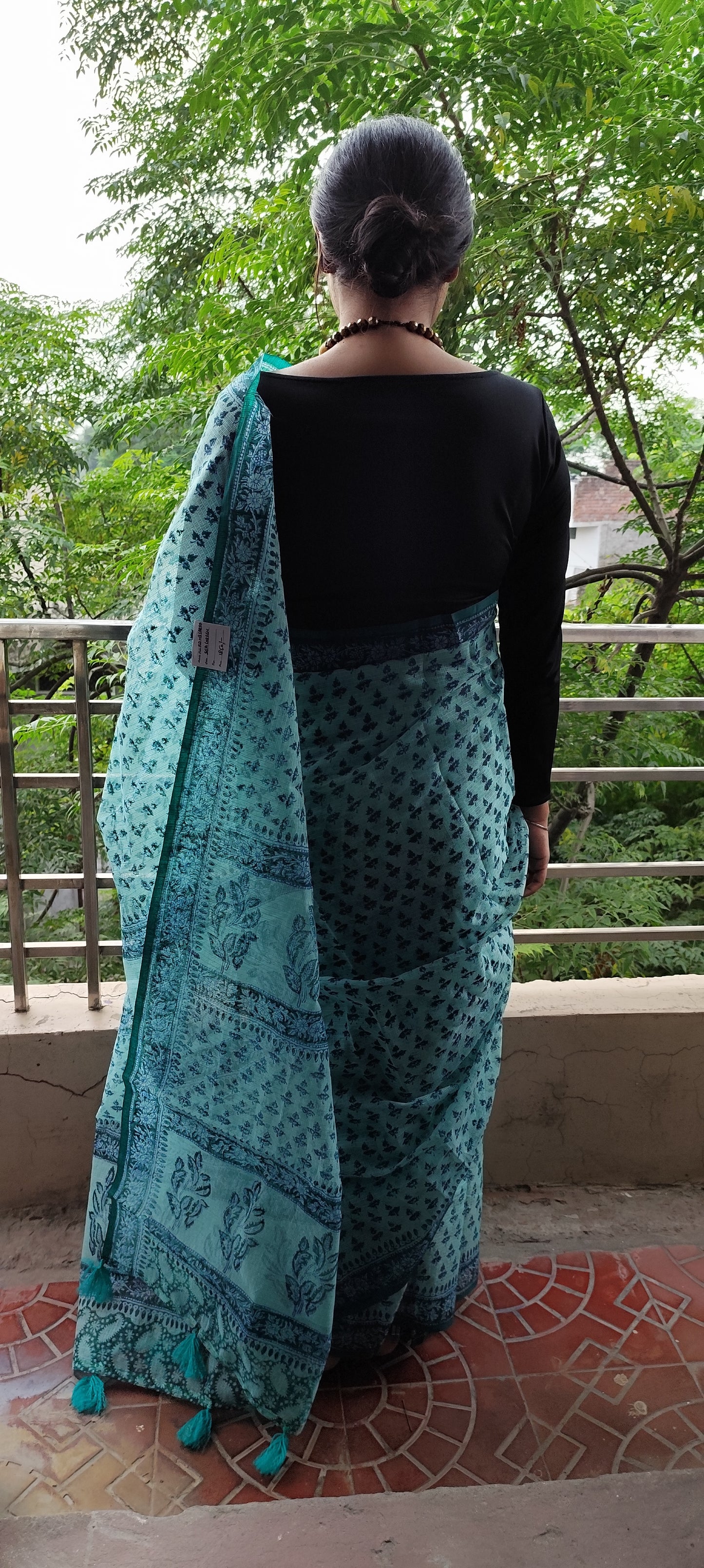 Blue Hand block pure kota saree with tassels