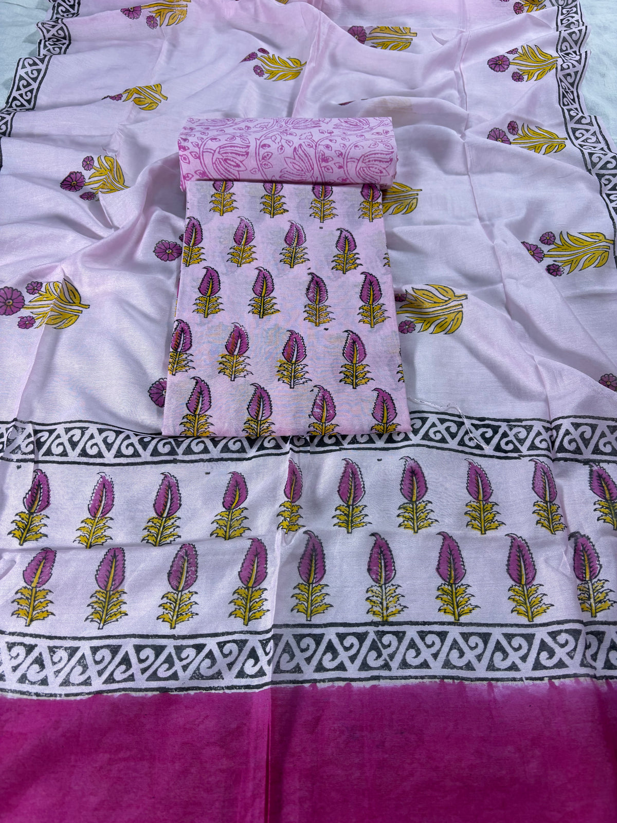 Handblock  pink chanderi silk  suit