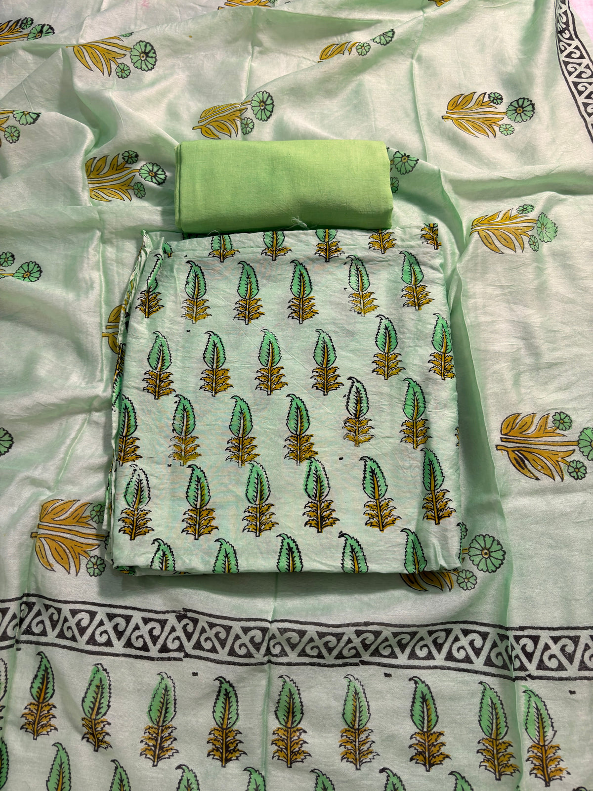 Handblock green chanderi silk suit