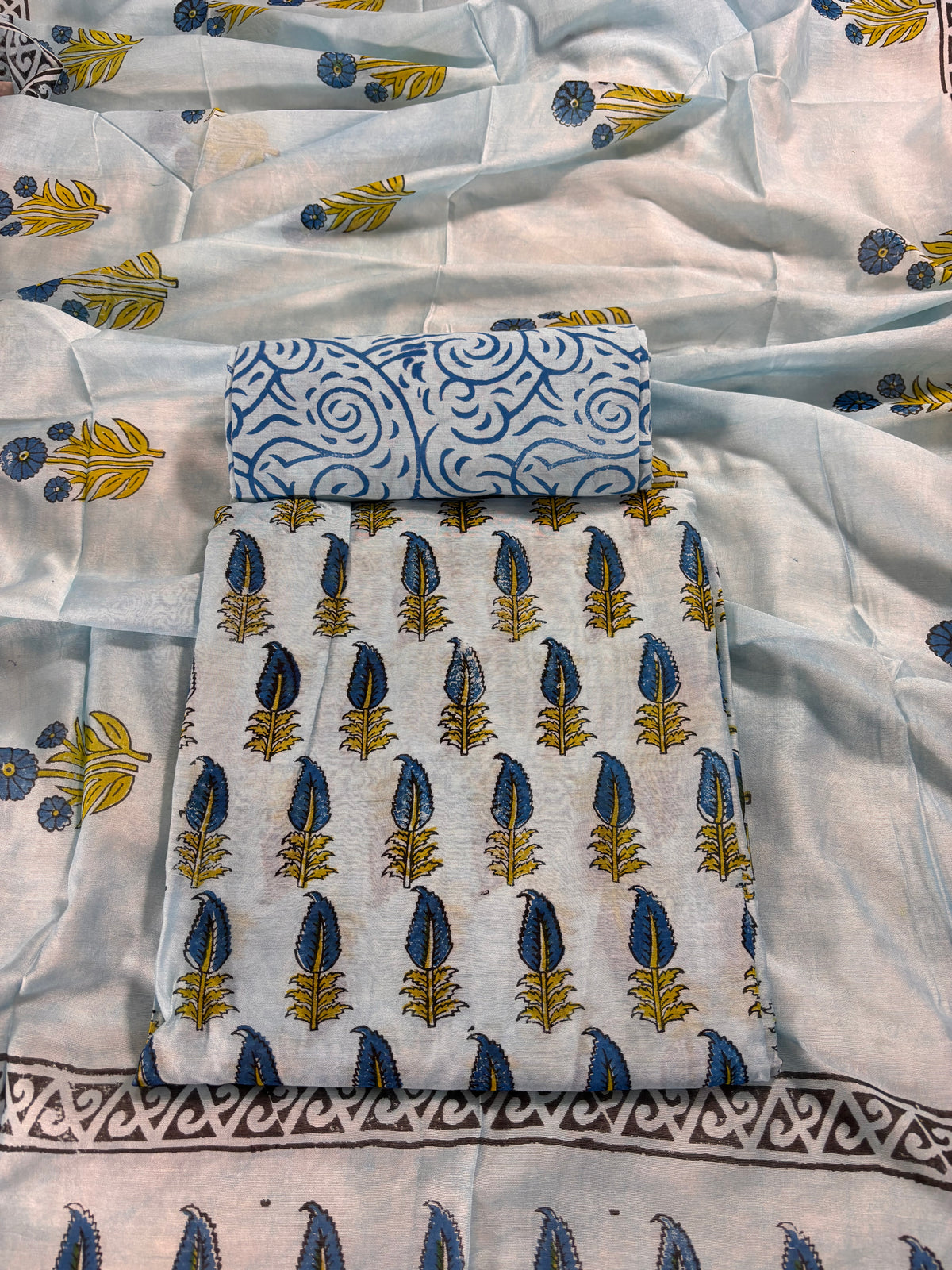 Handblock blue chanderi silk suit