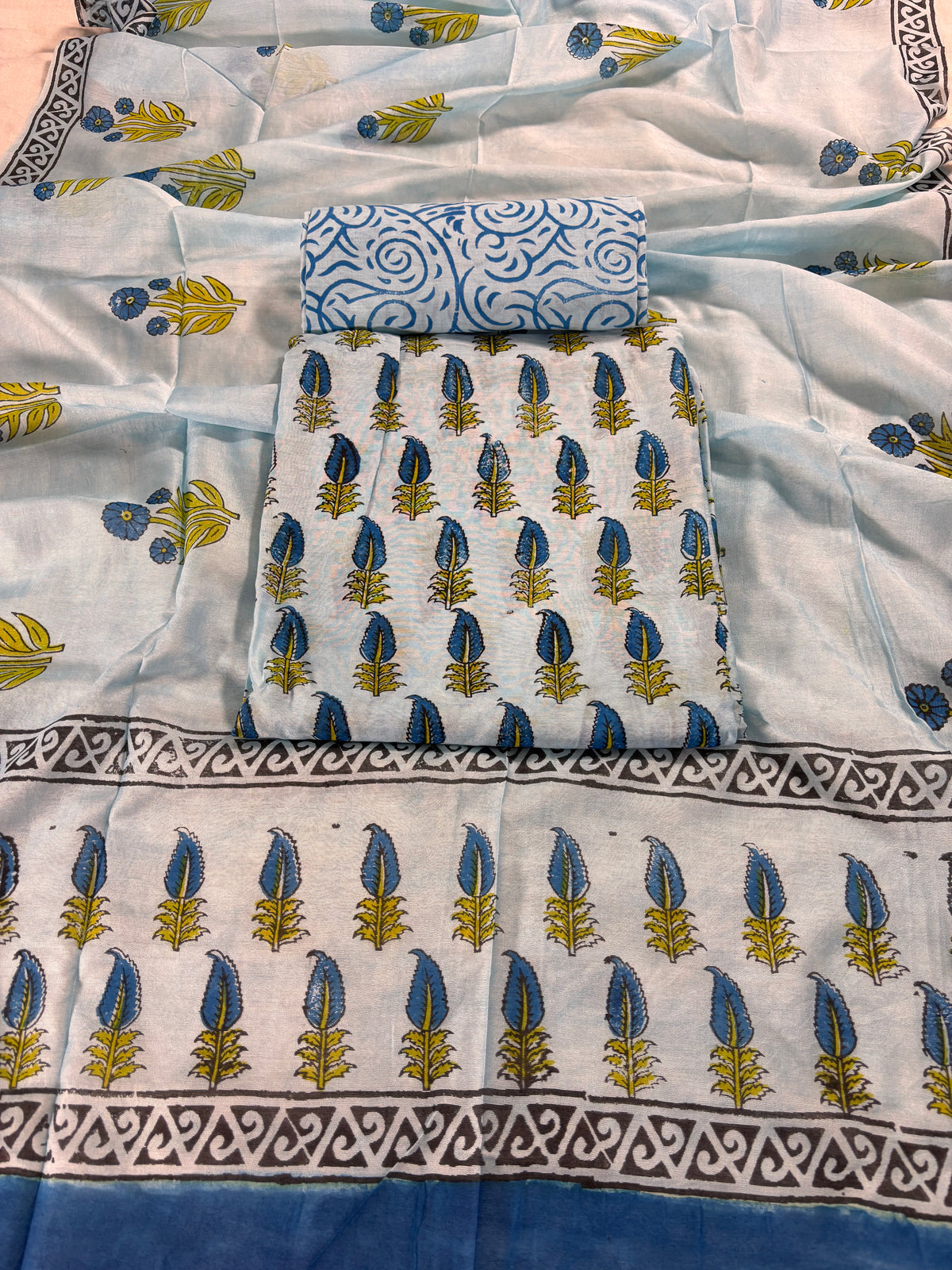 Handblock blue chanderi silk suit
