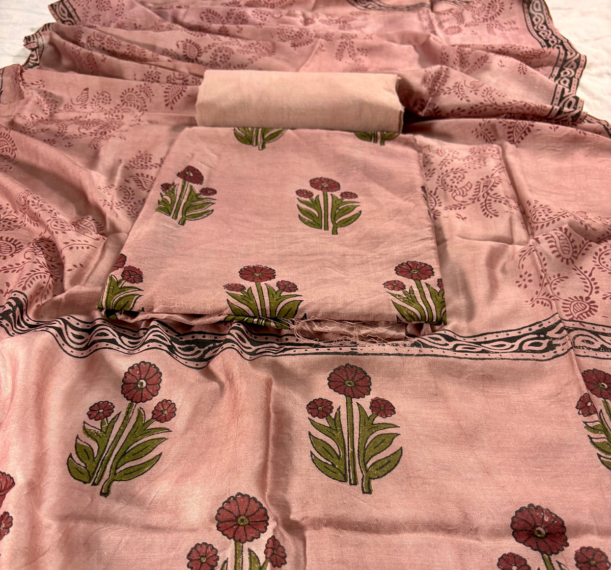 Chanderi  silk Handblock copper brown suit