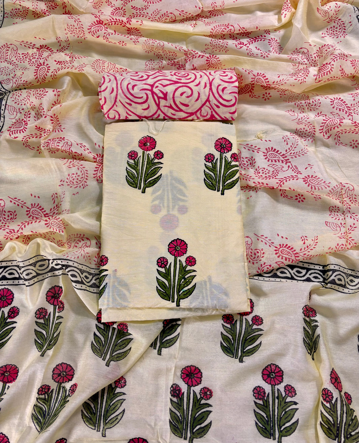 Handblock Chanderi  silk light yellow floral boota suit