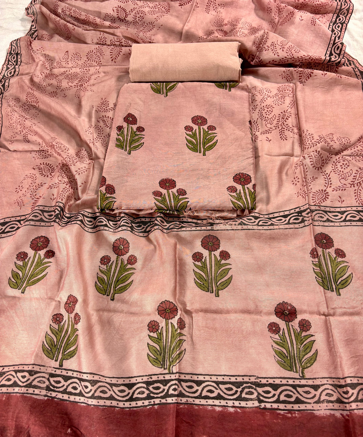 Chanderi  silk Handblock copper brown suit