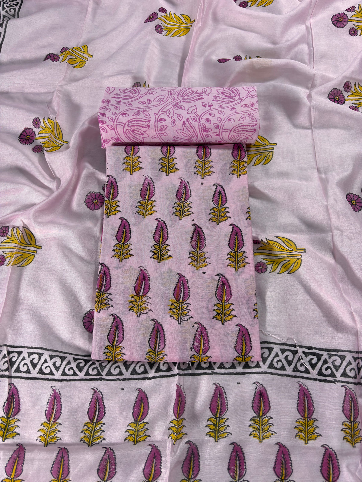 Handblock  pink chanderi silk  suit