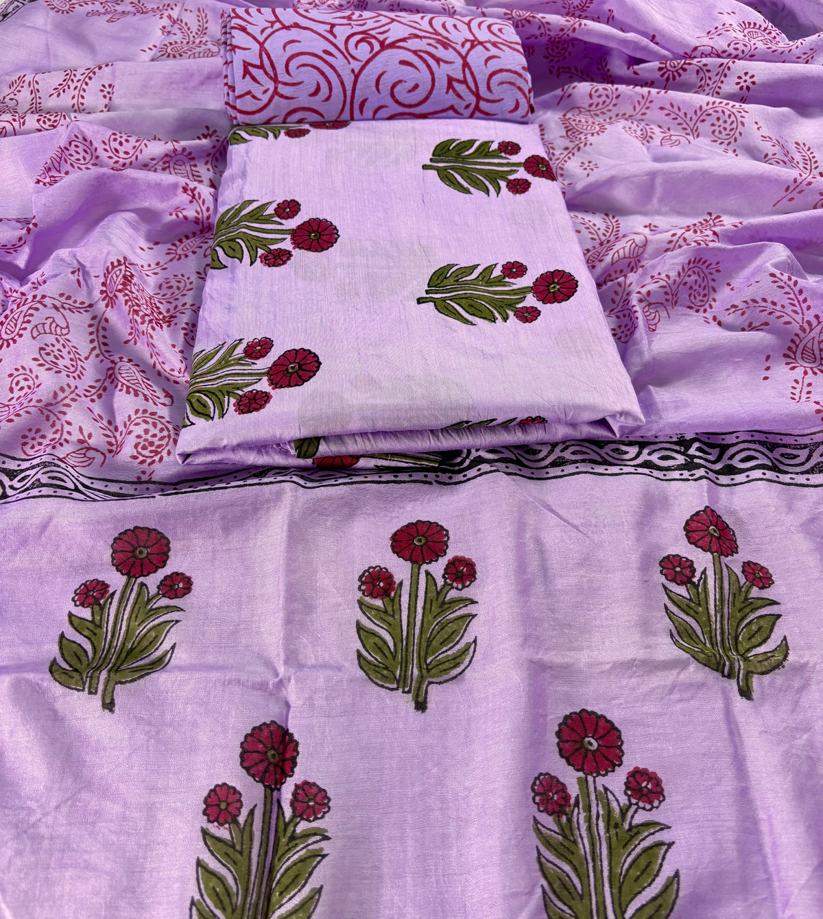 Handblock chanderi silk lilac suit with Mughal boota