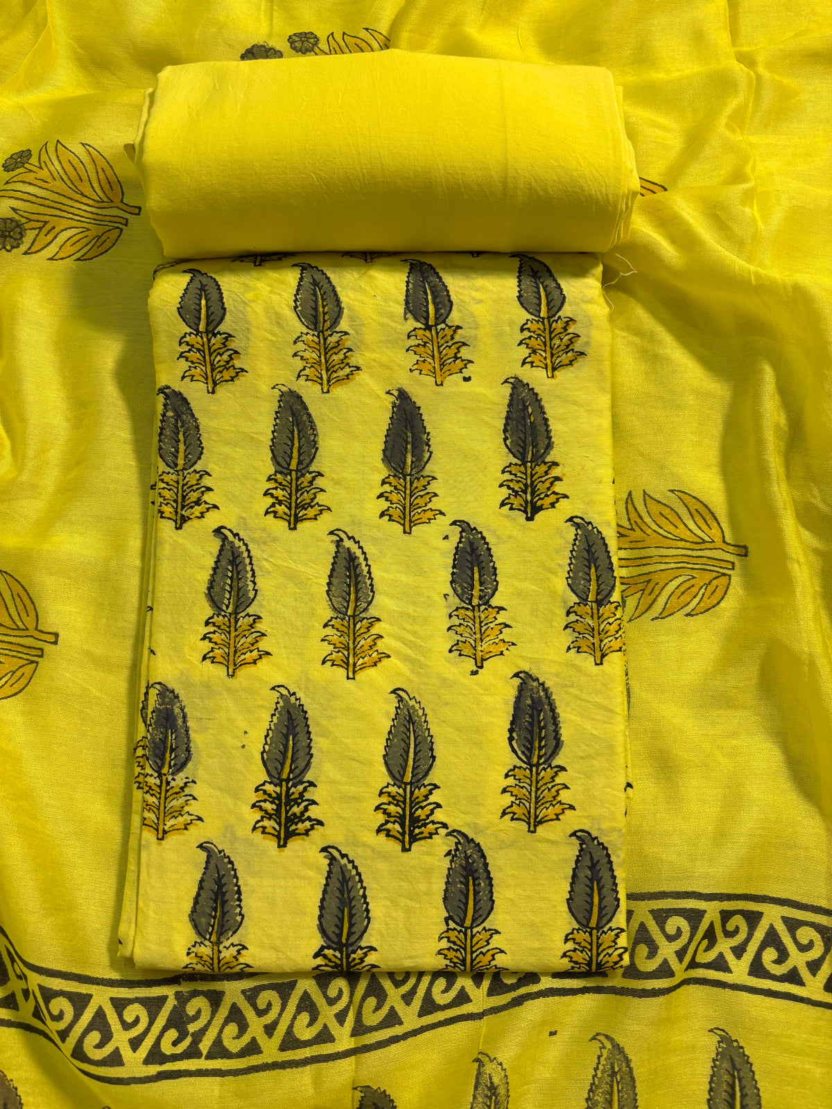 Handblock yellow chanderi silk suit