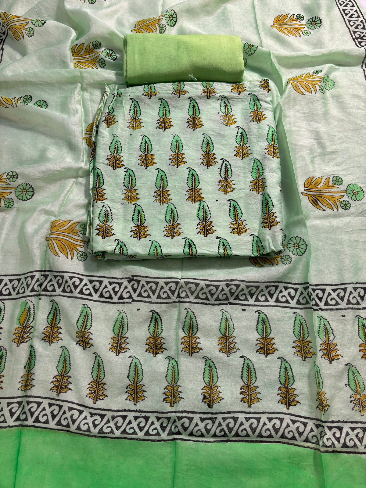 Handblock green chanderi silk suit