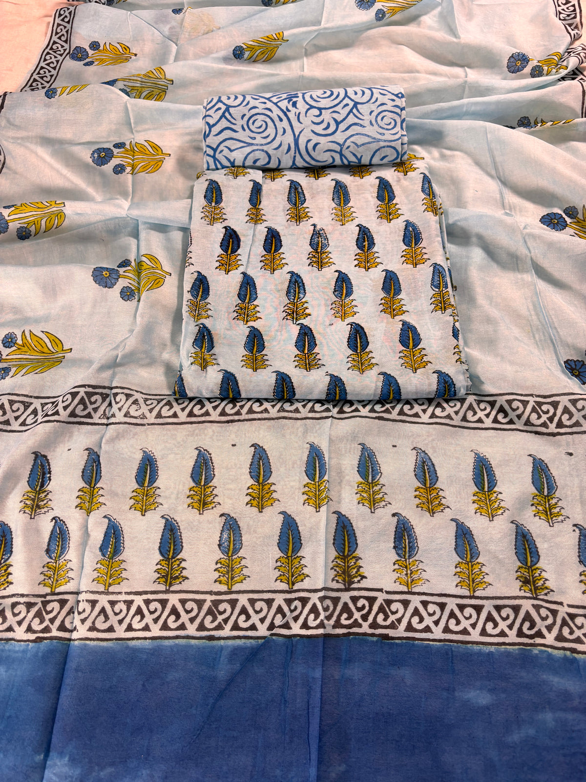 Handblock blue chanderi silk suit