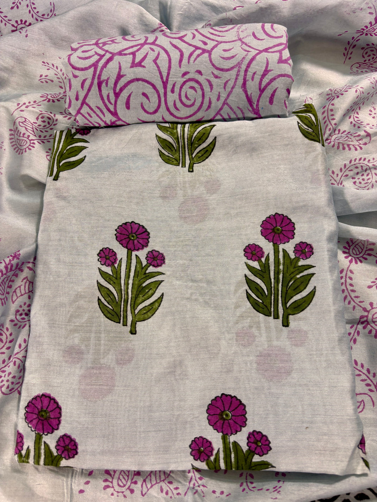 Handblock chanderi grey suit with Mughal boota