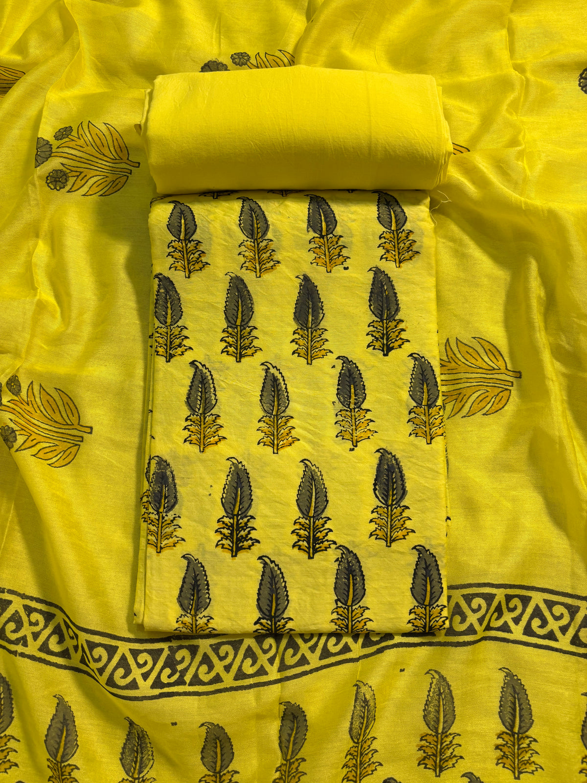 Handblock yellow chanderi silk suit
