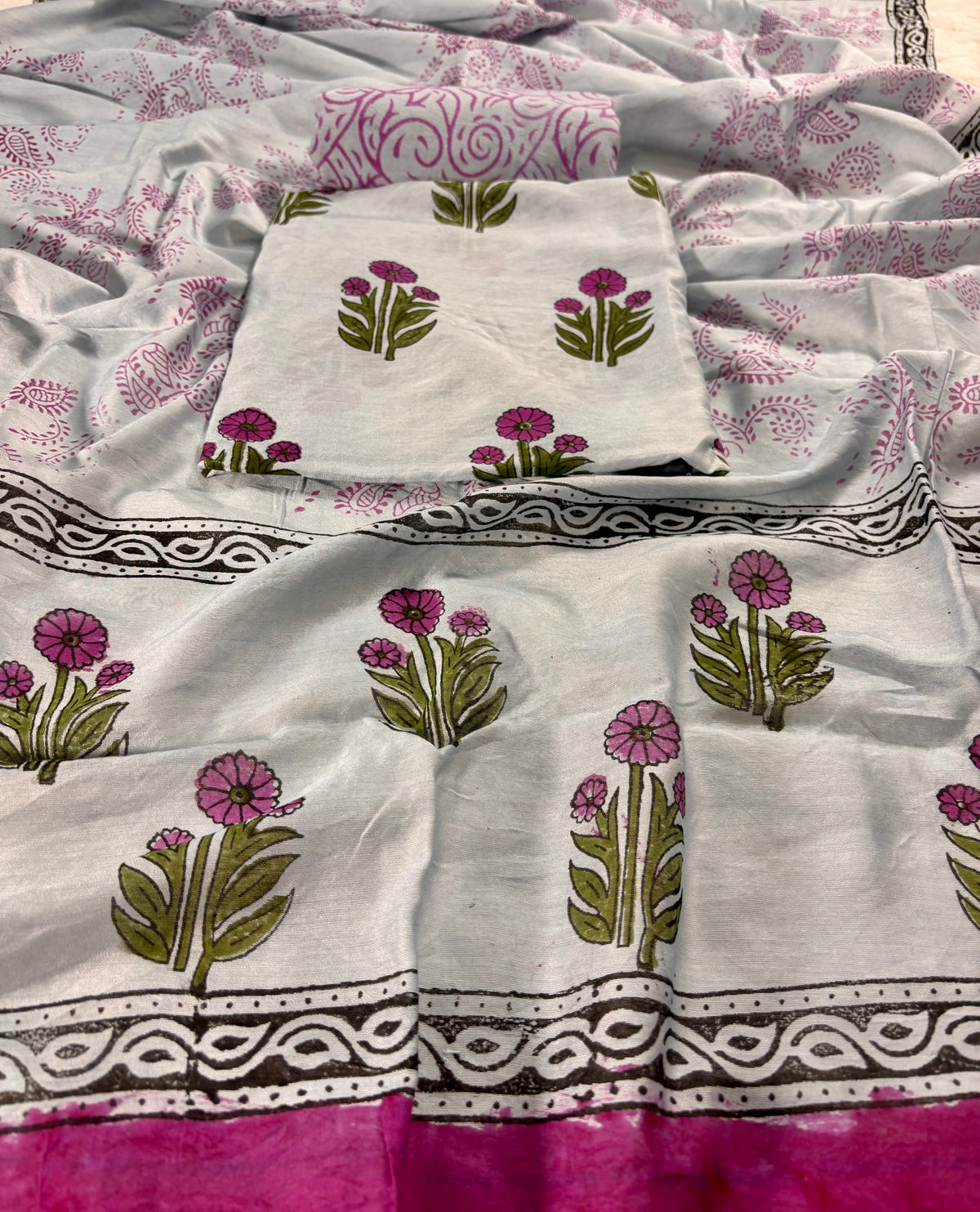 Handblock chanderi grey suit with Mughal boota