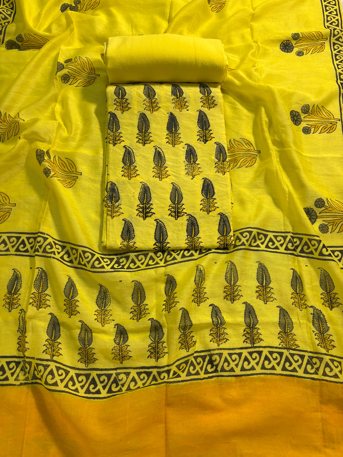 Handblock yellow chanderi silk suit