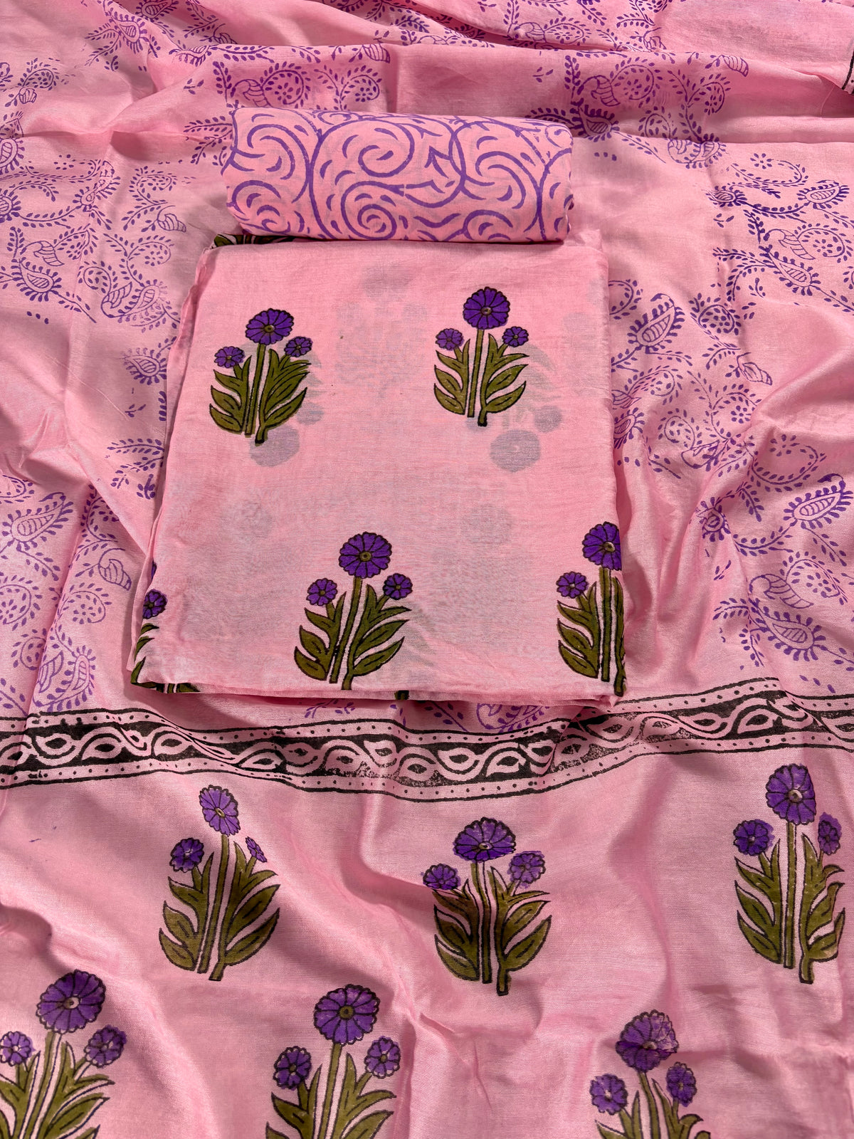 Chanderi silk Handblock baby pink suit with Mughal boota