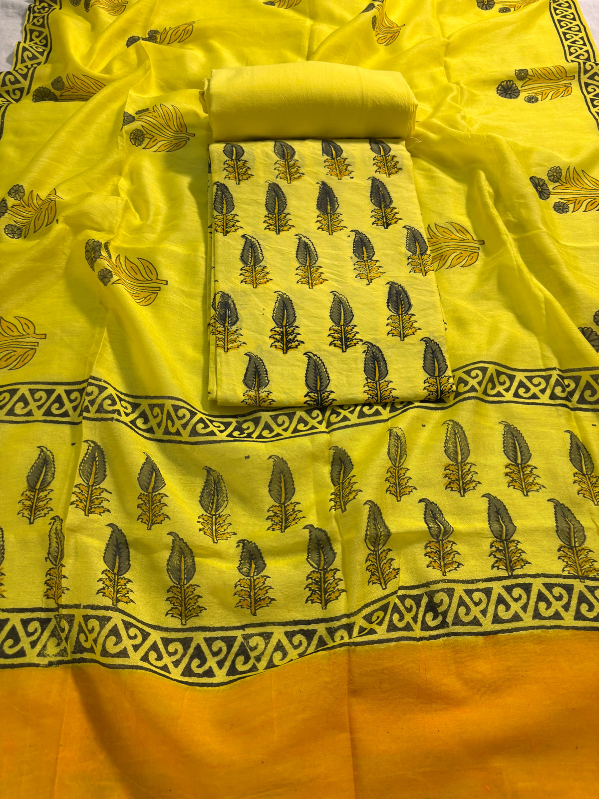 Handblock yellow chanderi silk suit