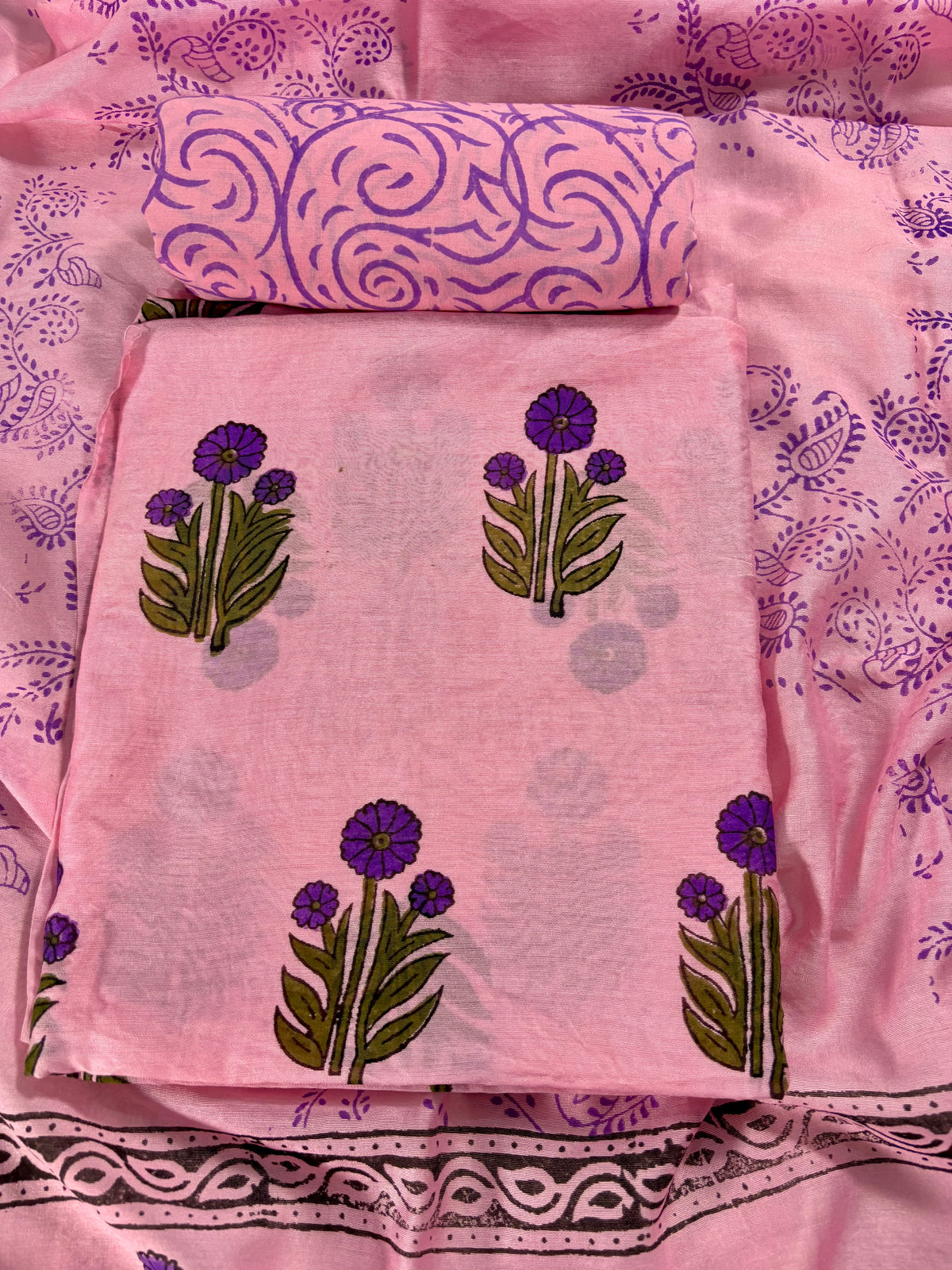 Chanderi silk Handblock baby pink suit with Mughal boota
