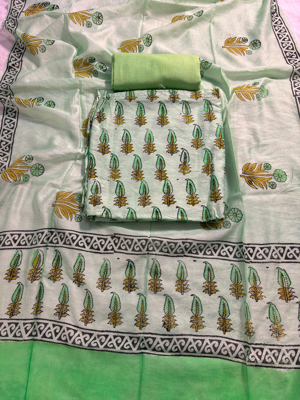 Handblock green chanderi silk suit