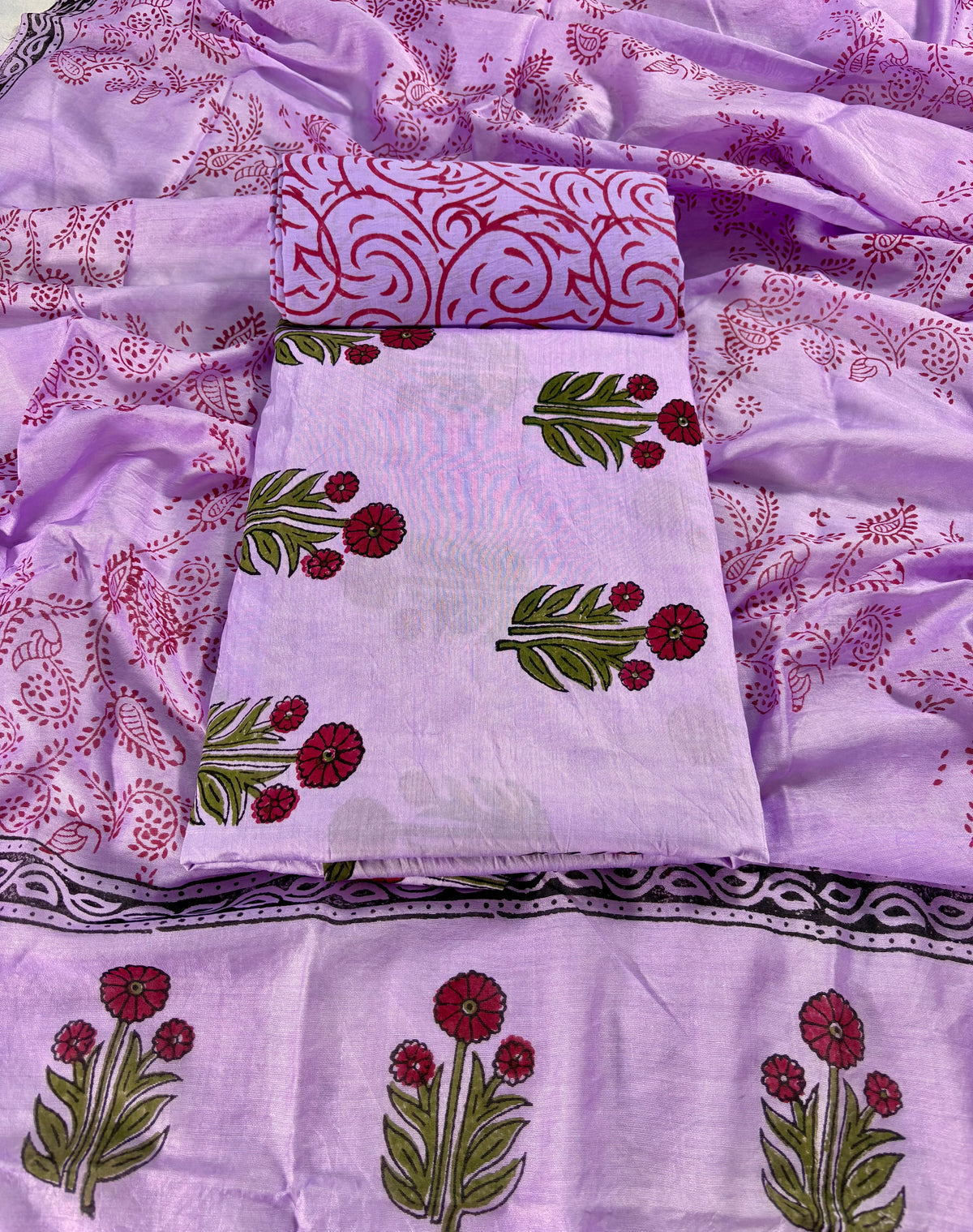 Handblock chanderi silk lilac suit with Mughal boota