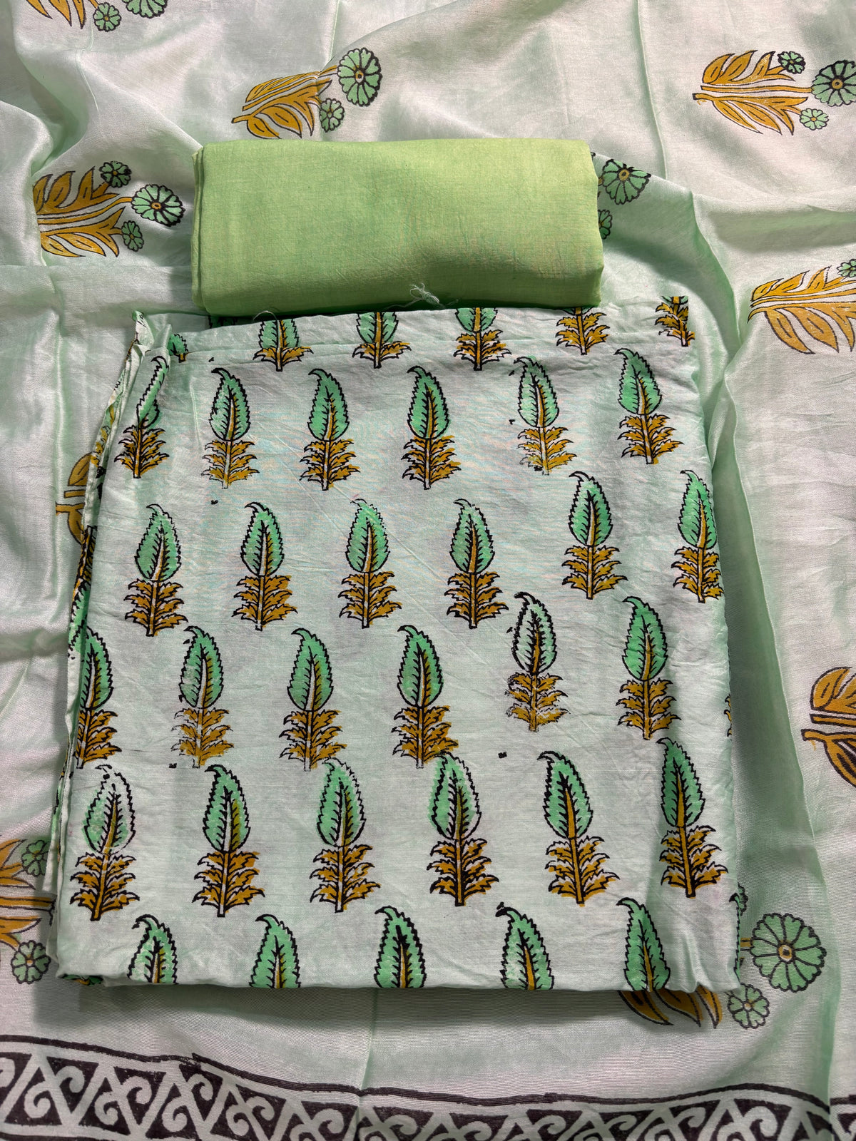 Handblock green chanderi silk suit