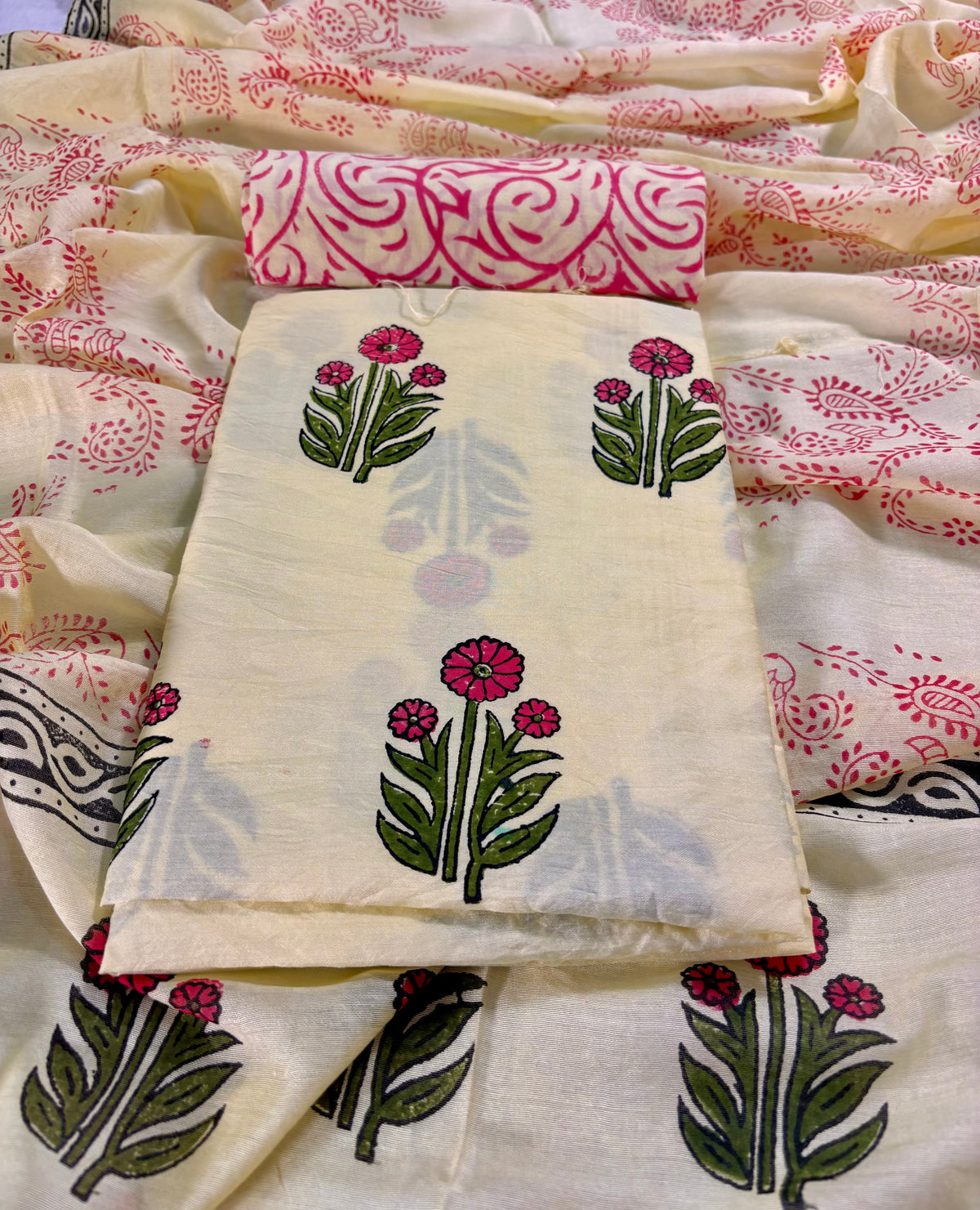 Handblock Chanderi  silk light yellow floral boota suit