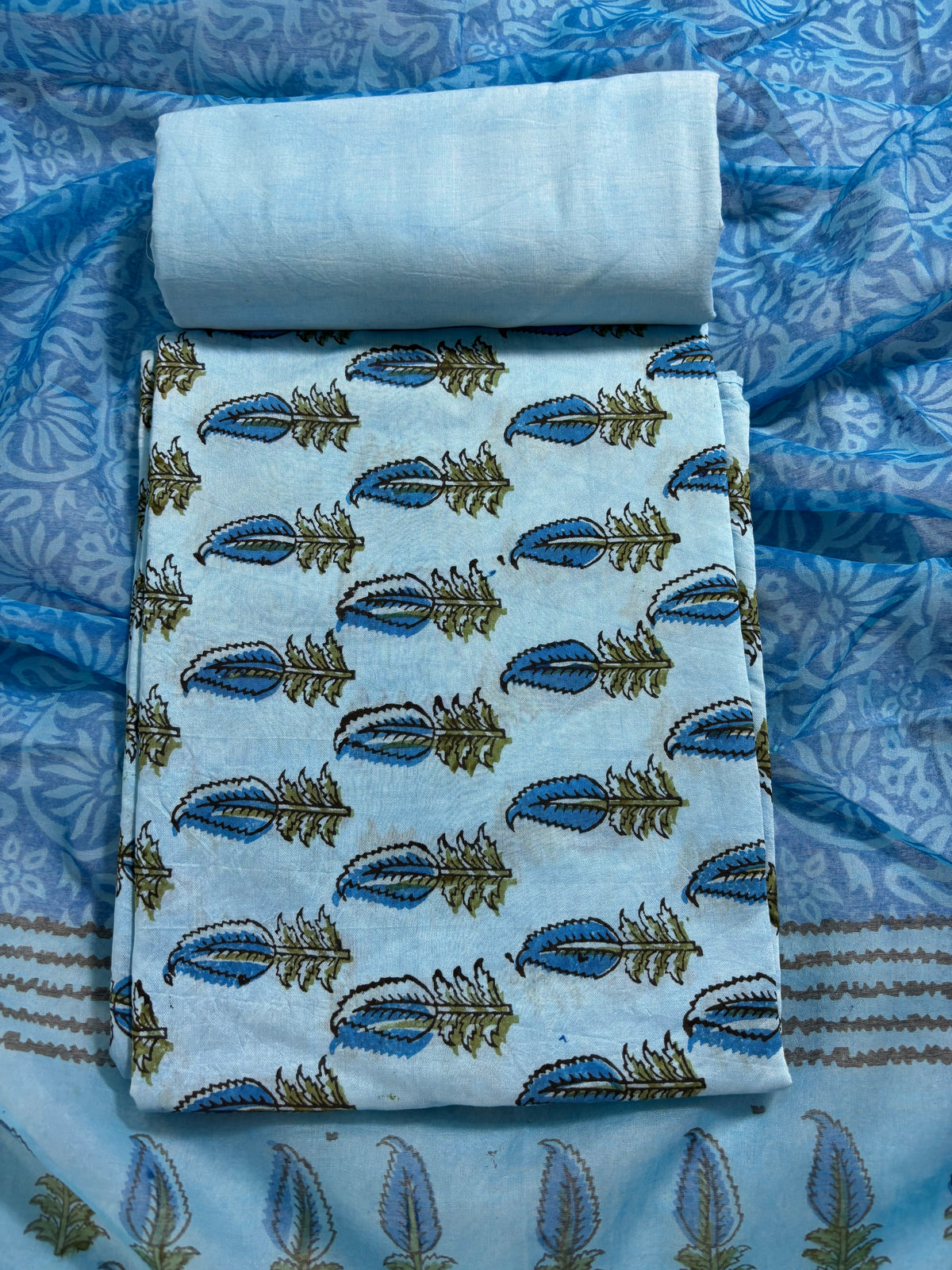 Handblock blue chanderi silk suit