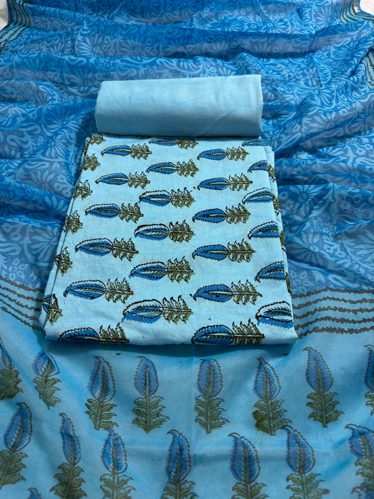 Handblock blue chanderi silk suit